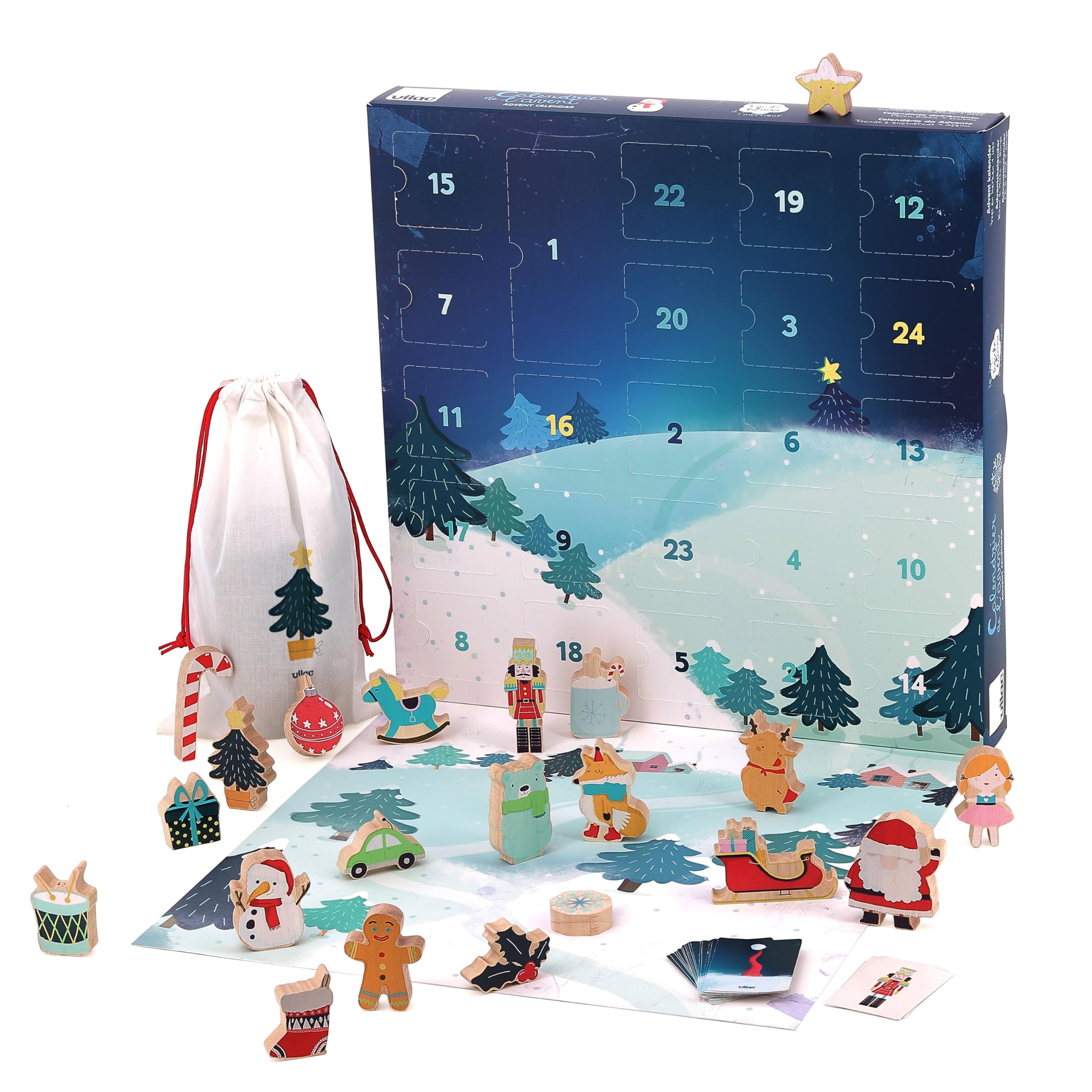 VILAC - Calendario dell'Avvento Tocco e Trova - Giocattolo prima età - 1 scatola calendario dell'Avvento in legno e cartone - Giochi di veglia per bambini in legno - Giocattolo per bambini dai 2 anni