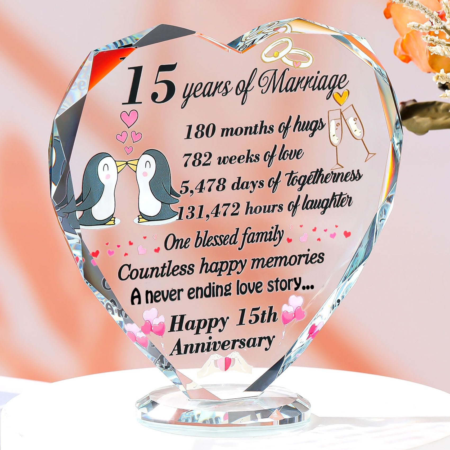 Ornalrist 15th Wedding Anniversary Romantic Gifts for Couple Her 15 Years of Marriage Romantic Present for Him Glass Heart Home Ornament