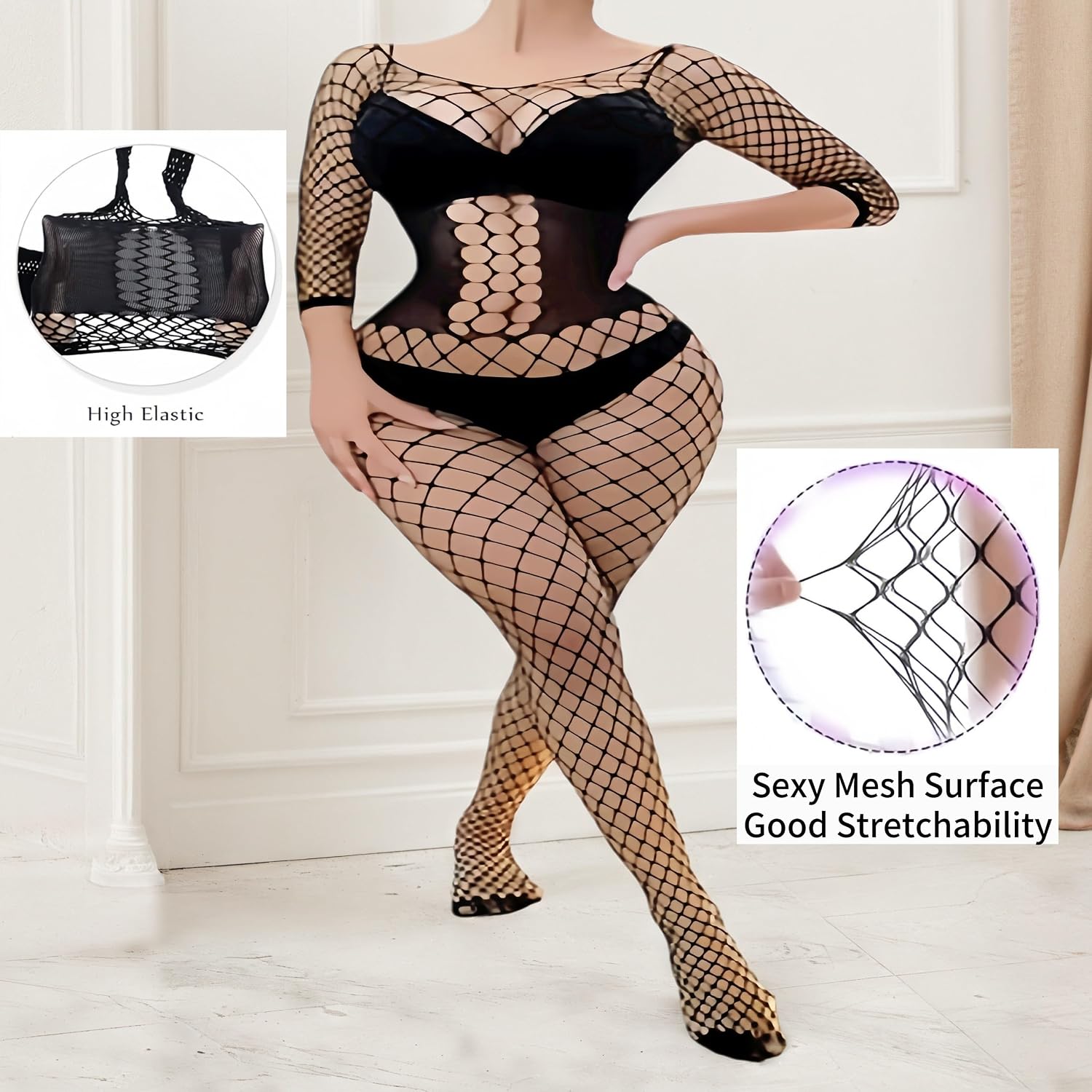 Zenova Plus Size Women's Sexy Mesh BodyStocking Long Sleeve Fishnet Lingerie Bodysuit, Fishnet Bodysuit,Rave Outfits