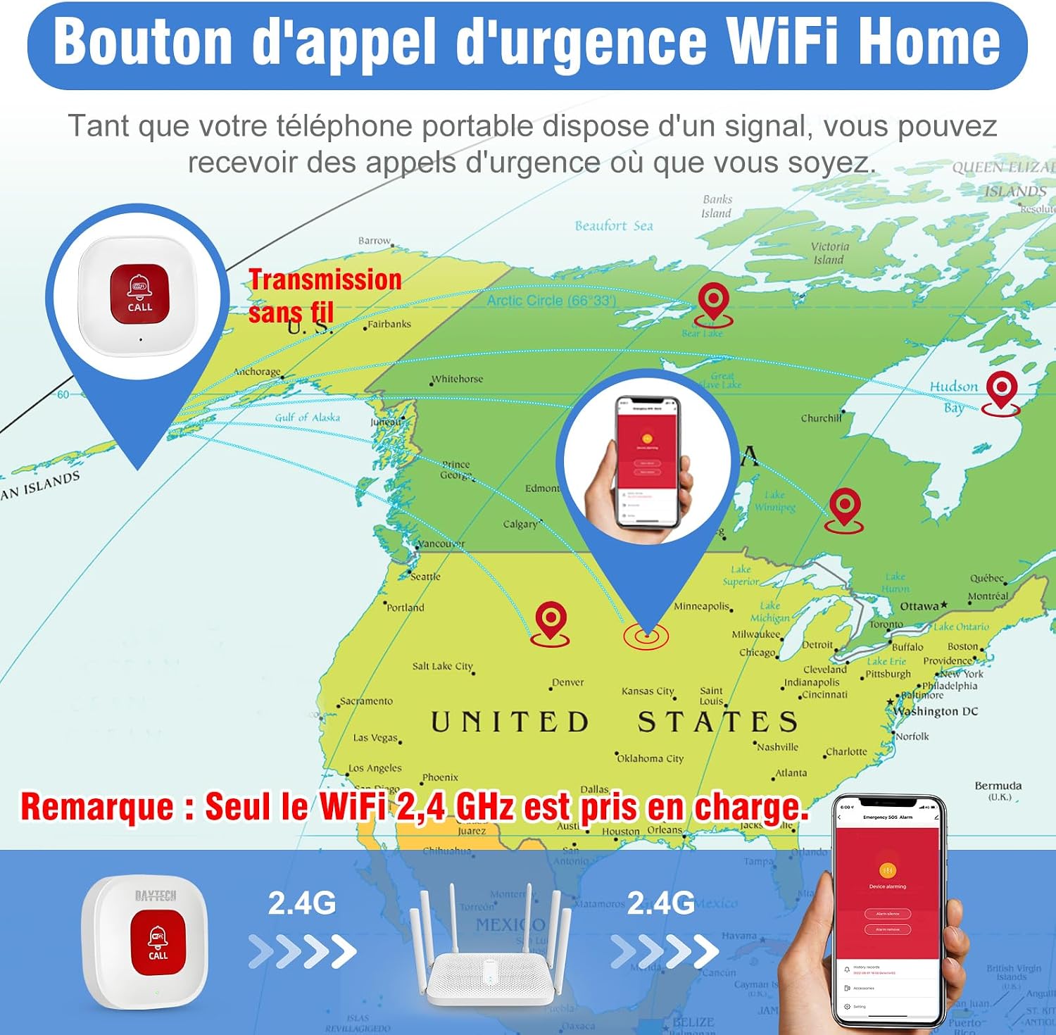 A map showing the global reach of the emergency alert system, indicating that alerts can be received on a smartphone anywhere, provided there is WiFi and mobile signal. Note: Only 2.4GHz WiFi is supported.