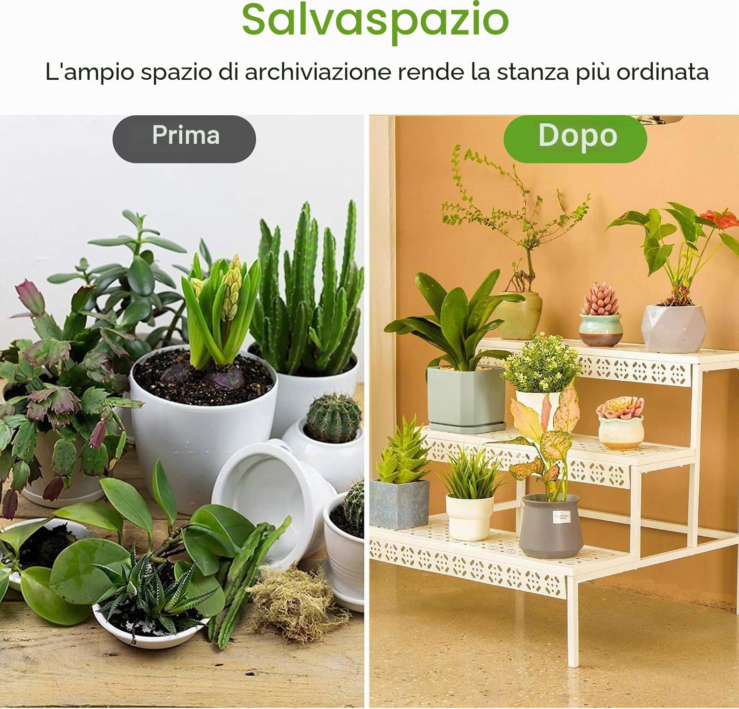 Huhote Scala per fiori in metallo a 3 gradini, per giardino, balcone, interni ed esterni, multifunzionale con grande capacità, bianco