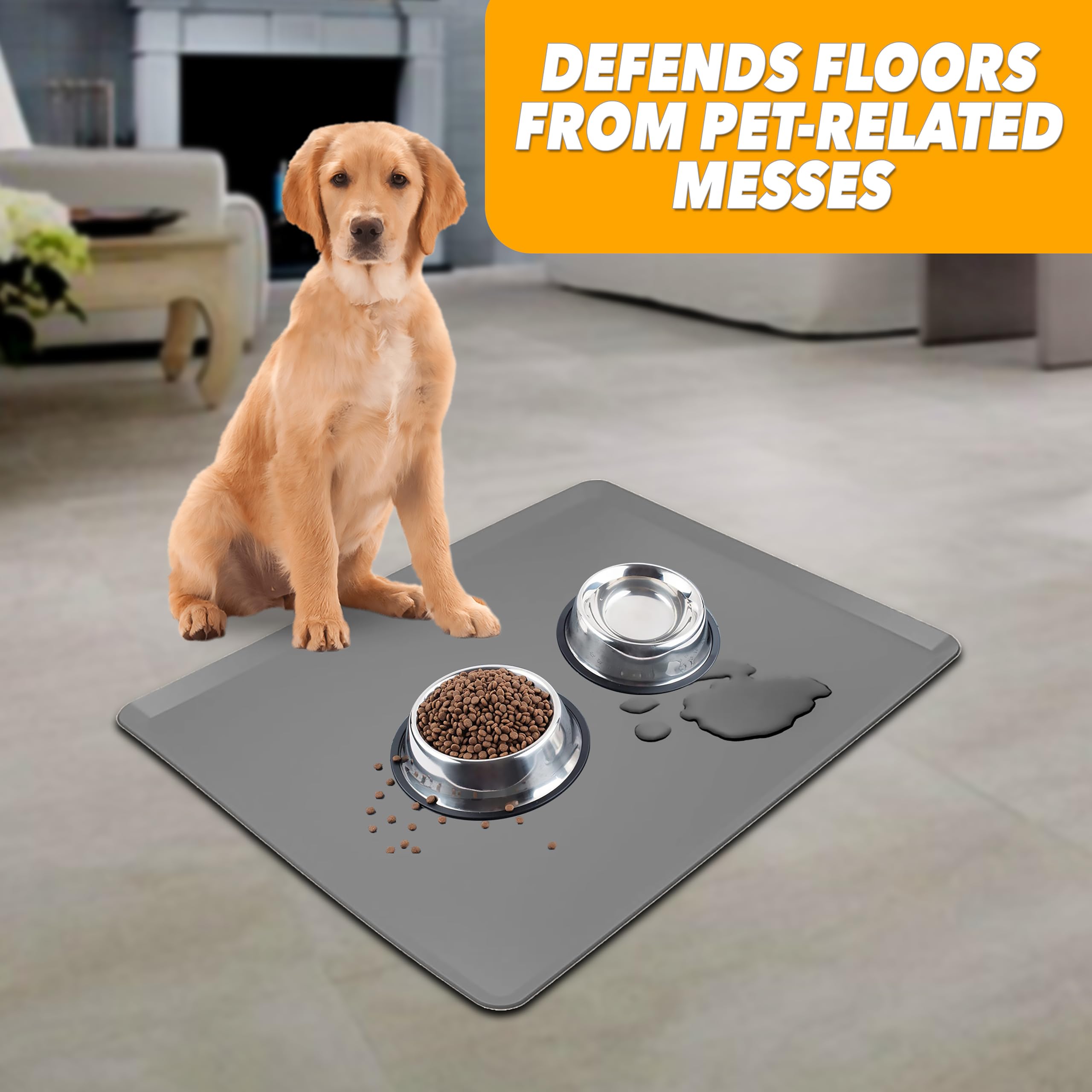 Skywin Futtermatte für Haustiere (grau) – 71,1 x 76,2 cm Silikon-Platzset für Hunde- und Katzenfutter, Wassernapf