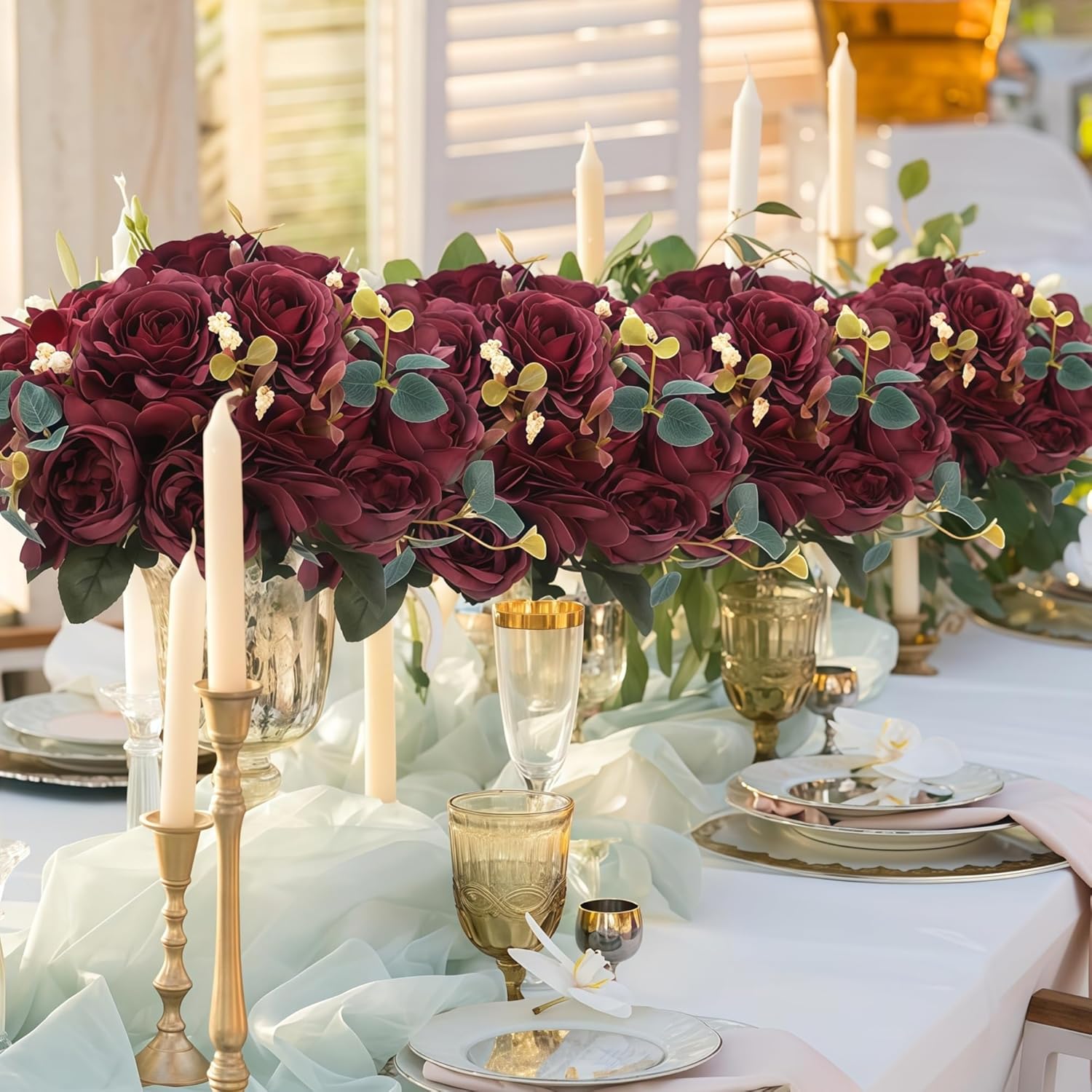 16 Packs Artificial Peony Rose Bouquet, Vintage Faux Peony Rose for Wedding Bridal Home Table Door Decor(Burgundy)