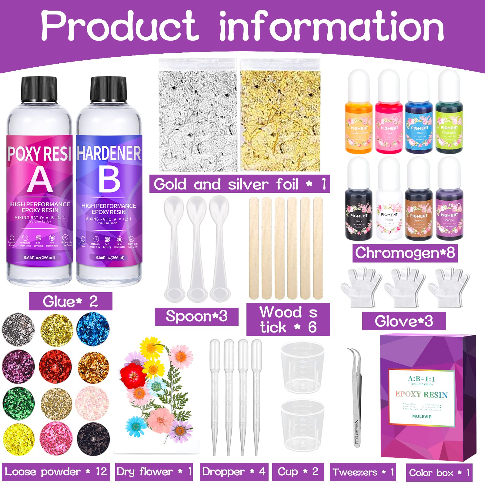Kit Résine Époxy VIPNAJI 510ml - Transparente Pour Art Et Bijoux Avec Pigments Et Accessoires