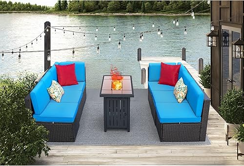 Miniatura 6 de Devoko Juego de 7 muebles de patio al aire libre con mesa de fogata de propano juego de sofá modular para patio al aire libre con fogata de gas y