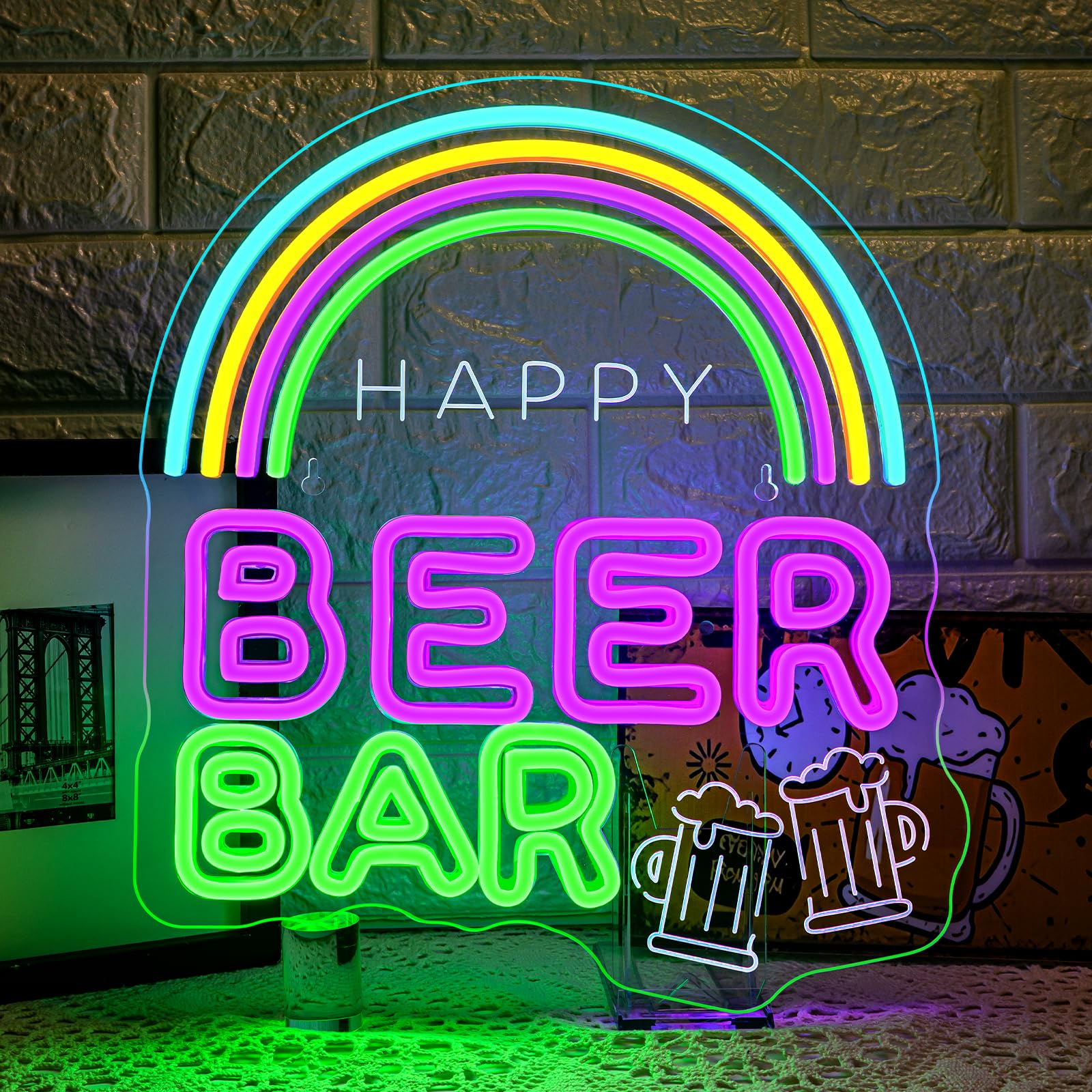 ineonlife Beer Bar Neon Light Sign,Neon Sign Rainbow Happy Beer Bar for Wall Decor,Rainbow Led Signs for Bars,Man Cave,Tavern,Club,Parties,Gift