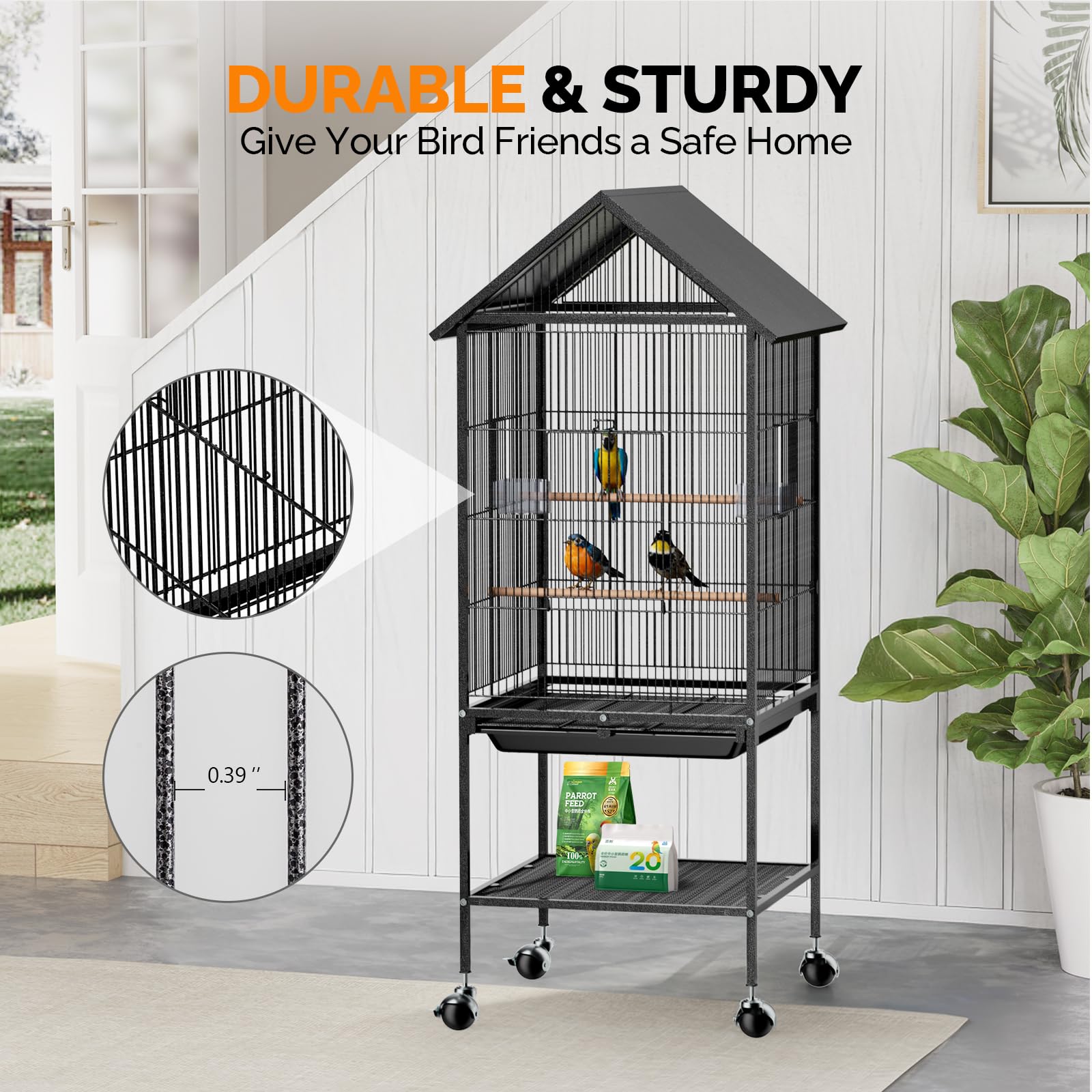 VINGLI Bird Cage with Rolling Stand for Parrots, Cockatiels, Budgies, Lovebirds, Small/Medium Birds (50" H with Spire Roof) - image 7