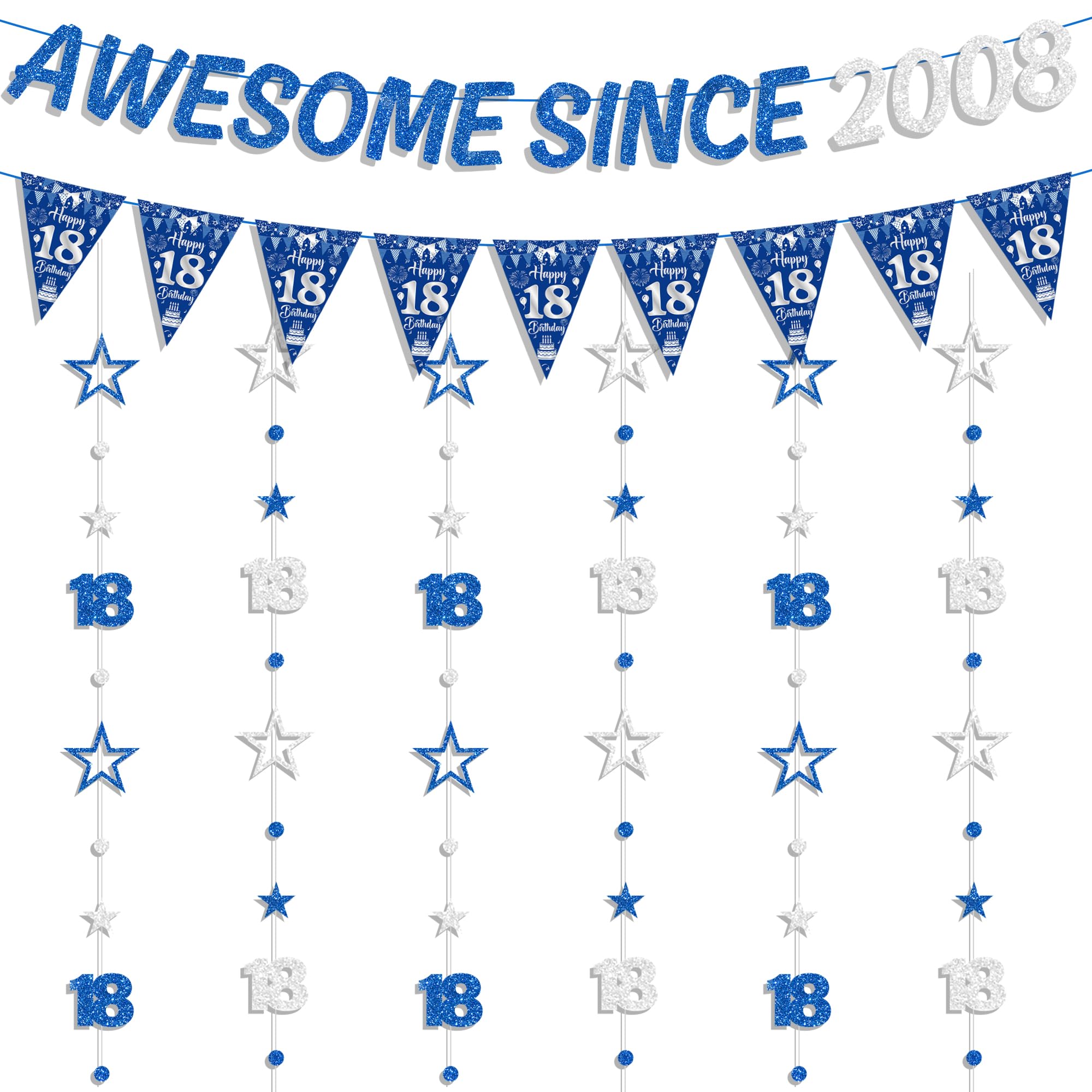 18th Birthday Decorations Banner Boy - 8 Pcs Blue Silver Awsome Since 2008 Banners Triangle Flags Number 18 Circle Dot Twinkle Star Garland for Eighteen Boys Year Old Party Supplies Decor