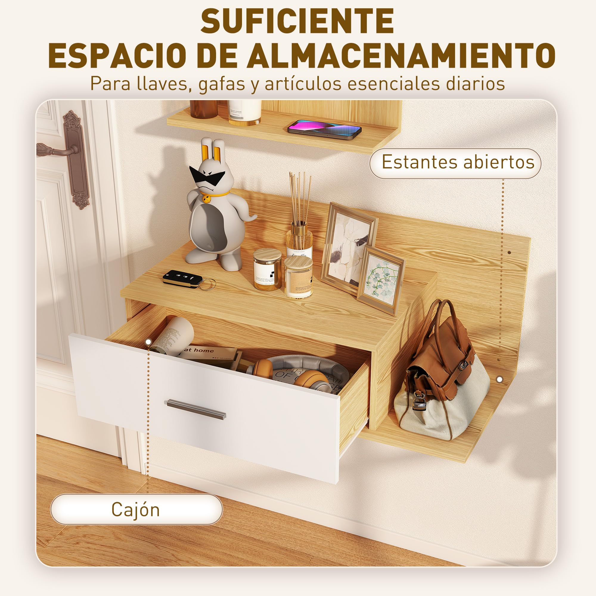 HOMCOM Conjunto de Recibidor de Entrada de Pared con Espejo, Cajón y 2 Estantes Abiertos, Muebles Recibidor para Pasillo, Madera Natural