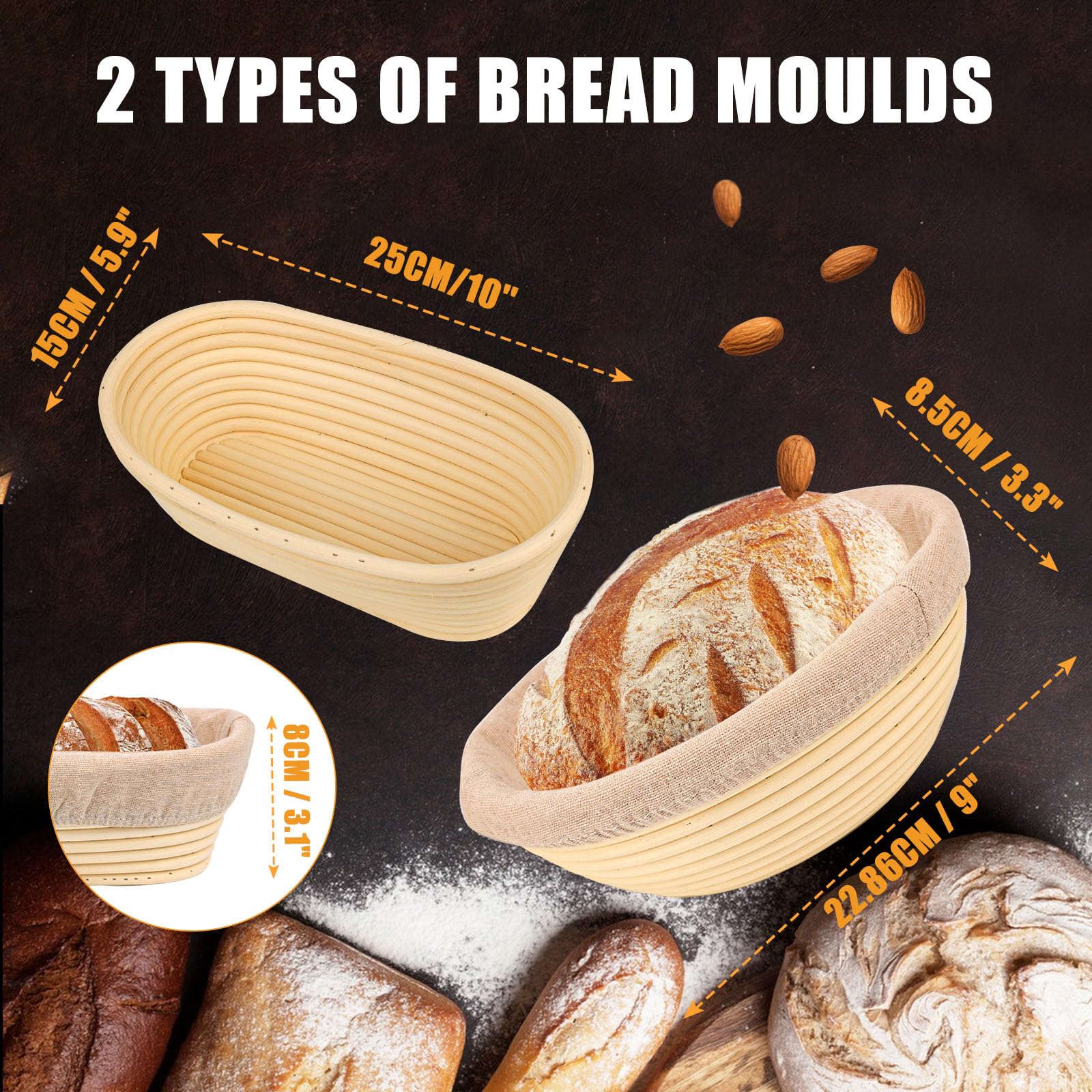 Cestino Lievitazione Pane Set 2 Pezzi – Cestini per Lievitazione Pane Rotondo & Ovale in Corda di Cotone con Fodere Lavabili, Cestino da Lievitazione Artigianale