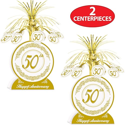 Miniatura 4 de Beistle 2 piezas de 13 pulgadas 50 aniversario de boda decoración de mesa centros de mesa para celebraciones temáticas doradas, blancodorado