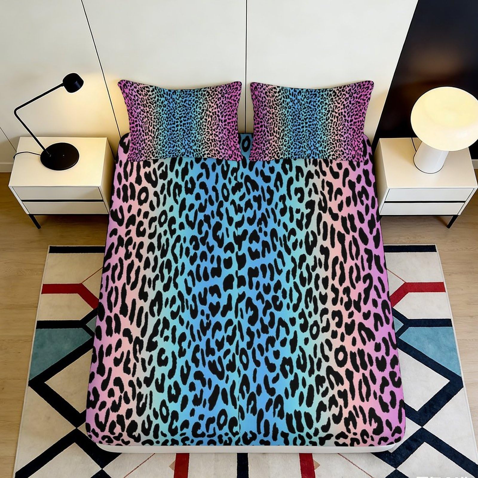 3D Printed Rainbow Leopard Fitted Sheet Microfiber Soft Breathable Gradient Bed Cover for Bedroom Dormitory Guest Room Mattress Protection Decor 120x200x25cm