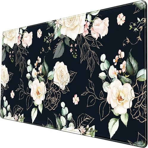 Alfombrilla de escritorio, diseño de peonía blanca, color negro, decoración de escritorio para mujer, accesorios de oficina, alfombrilla de mouse