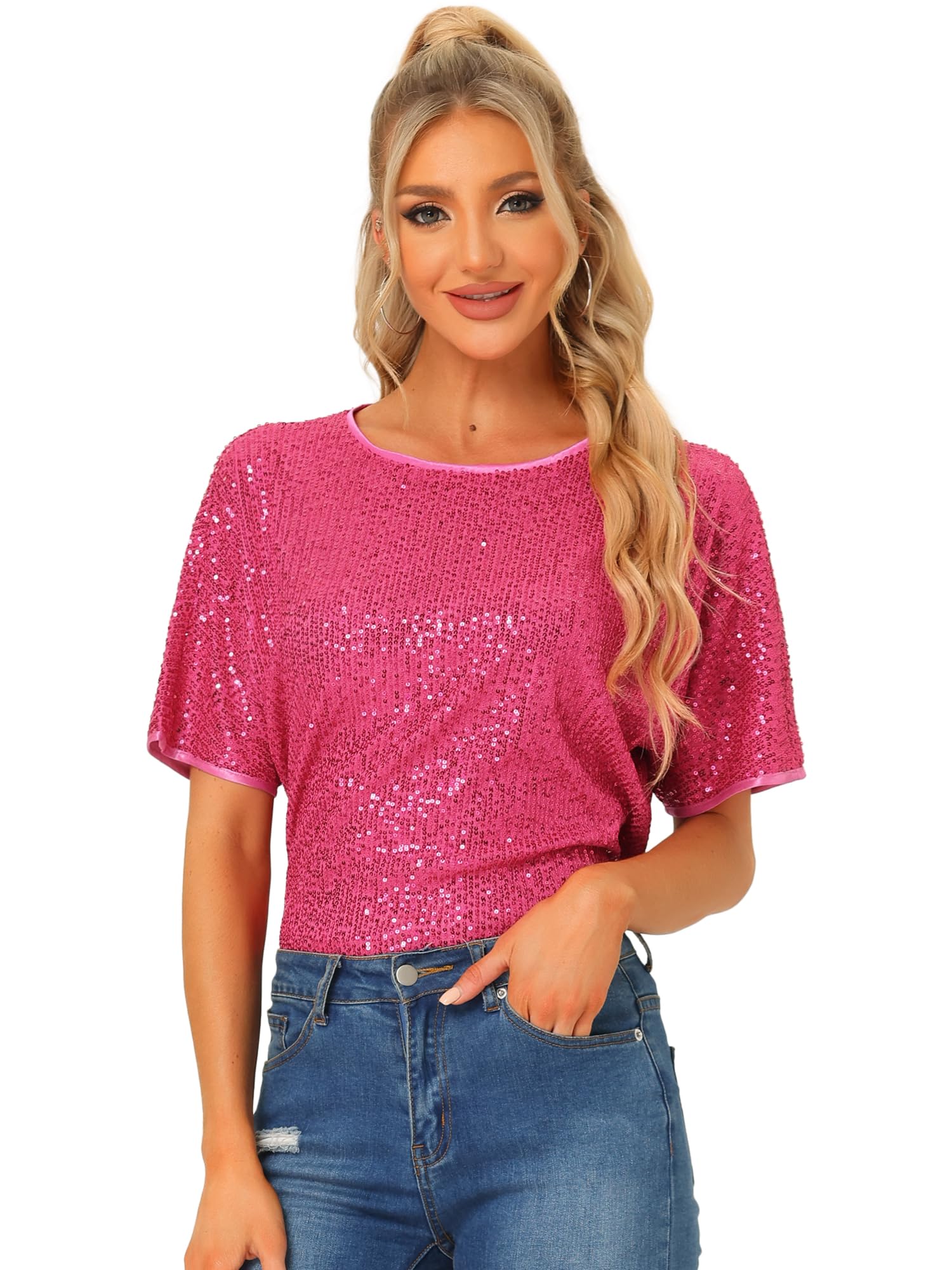 Allegra K Damen Festliches Oberteil Pailletten Oberteile Kurzarm Rund Halsausschnitt Party Glitzer Top