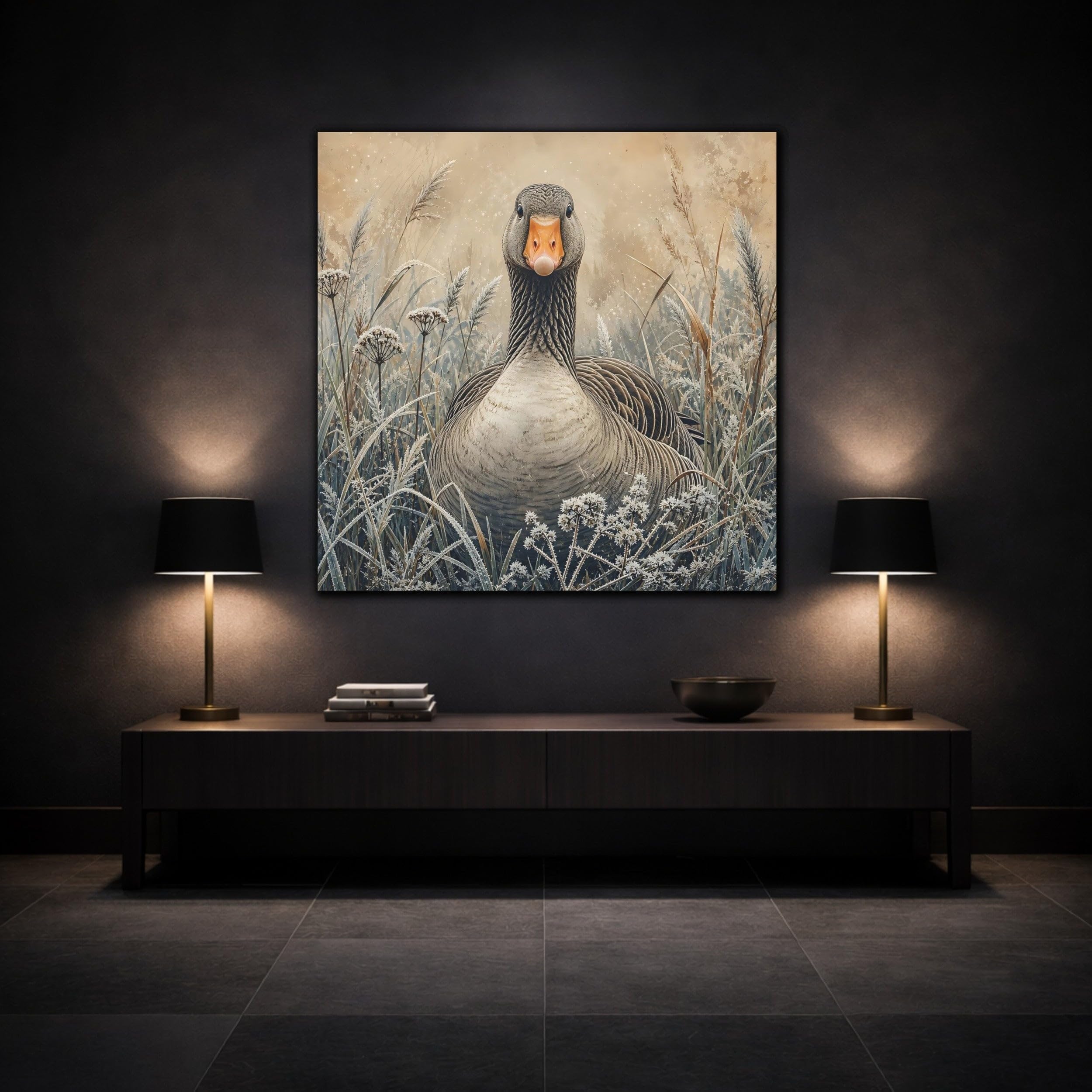 Animals Goose Brown Grey Canvas Print – Living Room, Above Couch 20×20 inch (50×50 cm) - Square / 1.25 inch (3 cm)