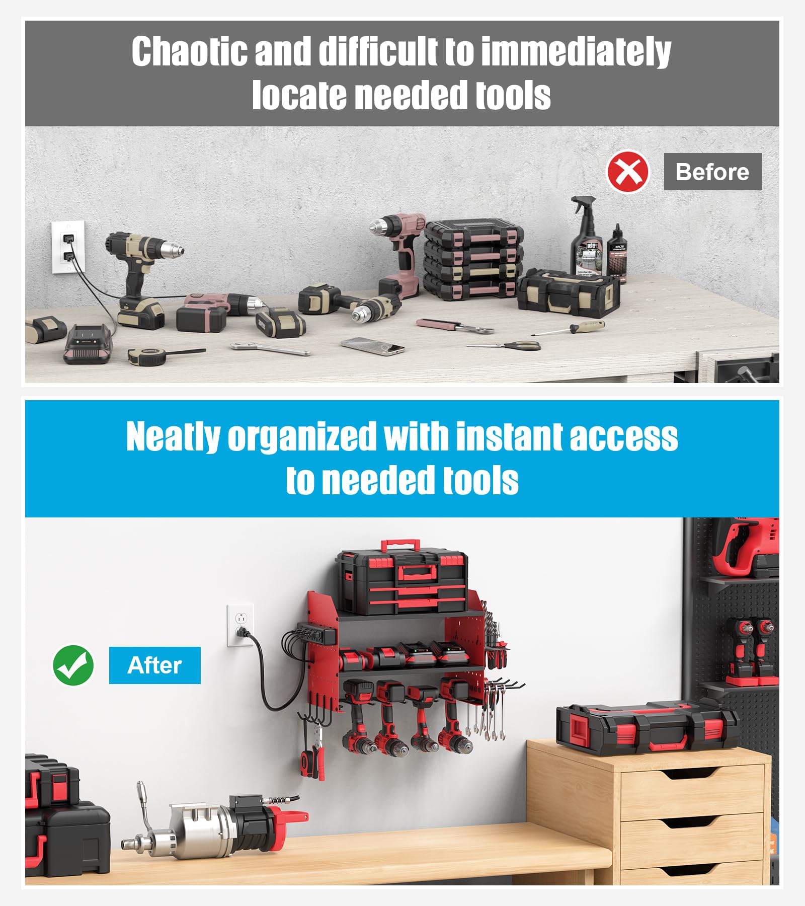 CCCEI Lot de 1 station de charge modulaire pour outils électriques - Support mural pour perceuses et batteries - Organisation de garage, magasin, anniversaire, cadeaux pour homme, père, rouge