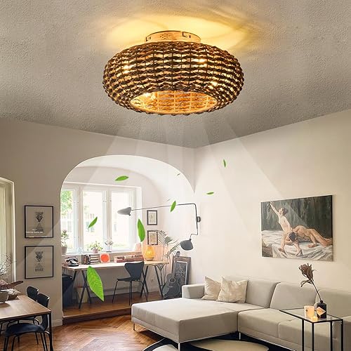 Miniatura 9 de Alaruder Ventiladores de techo bohemios enjaulados con luces de montaje empotrado, ventilador de techo de ratán de perfil bajo de 20 pulgadas con