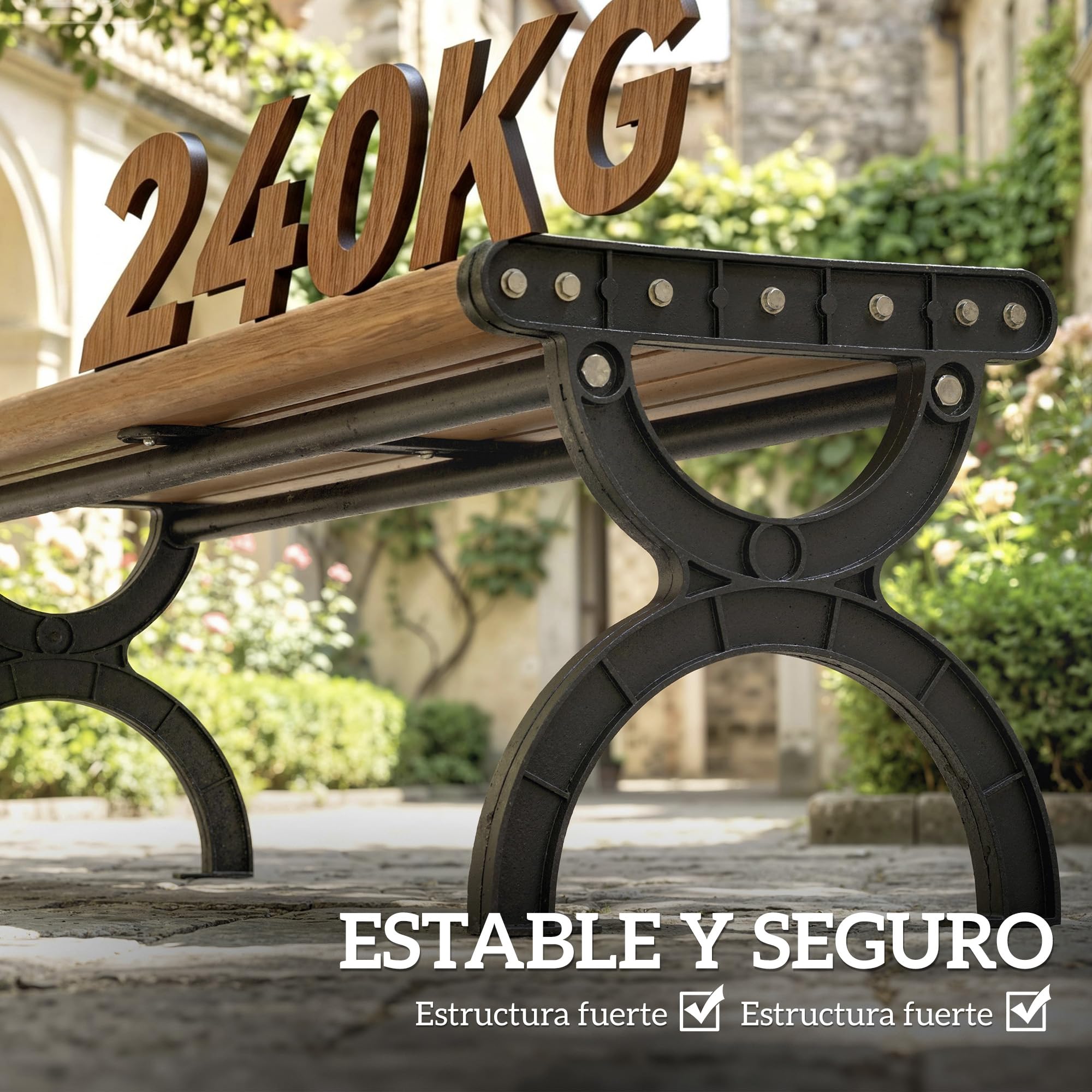 Outsunny Banco de Jardín Exterior de 2 Plazas Patio 124x39x39 cm Marrón | Banco Exterior, Estructura Metálica, Asiento Listonado, para Terraza