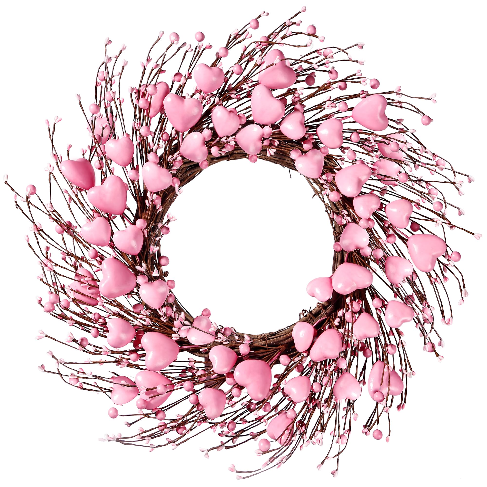 Sggvecsy 21?ÇÖ?ÇÖ Valentine's Day Wreath Handmade Foam Heart Shaped Wreath Pink Pip Berry Artificial Rustic Twig Wreath Artificial Door Wreath for Wedding Party Home Office Decor