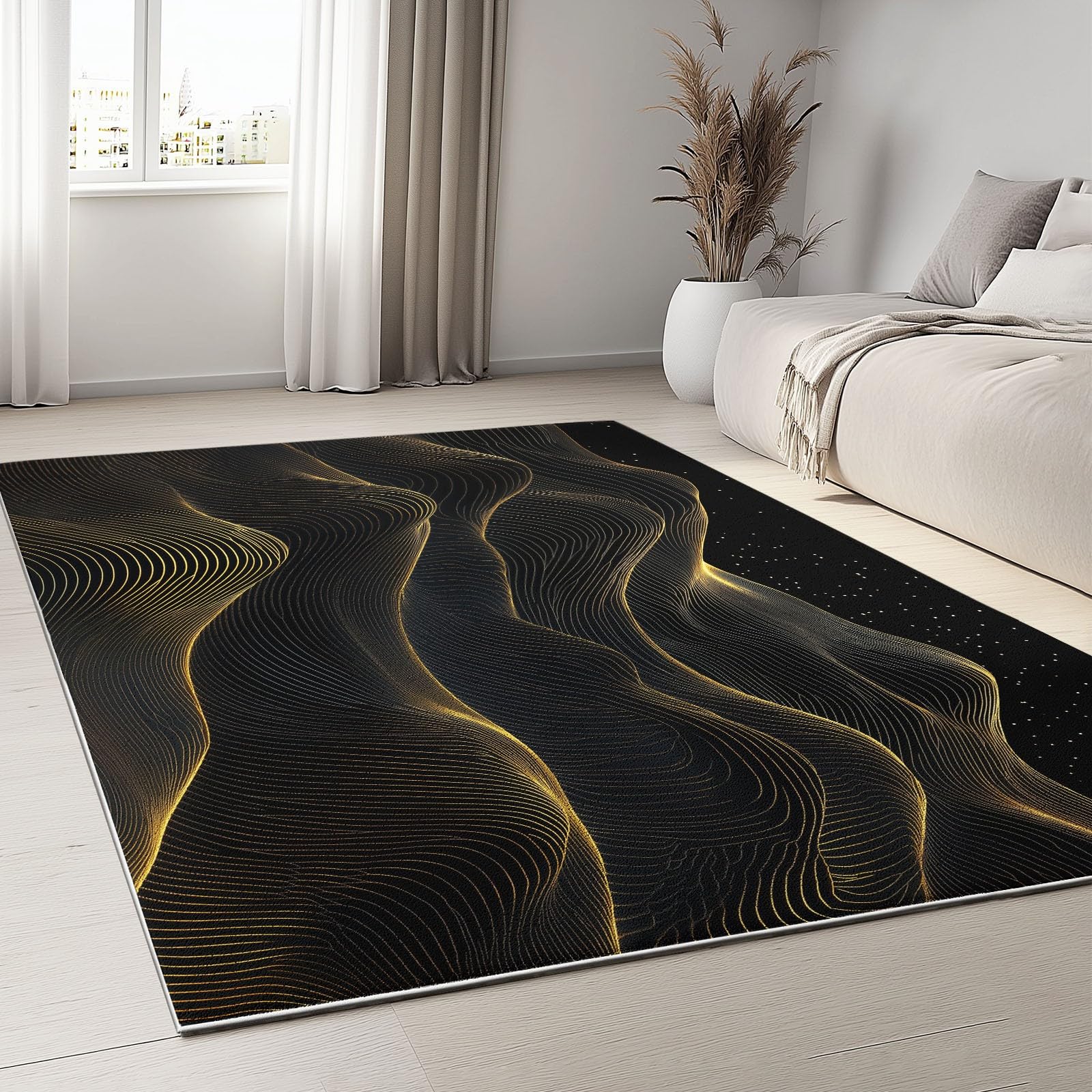 Tapis Poils Courts Moderne 120x180cm Vagues Abstraites en Or Noir Tapis Salon Lavables Antidérapant Doux, Effet Impression 3D, pour Chambre Cuisine Salle à Manger Bureau