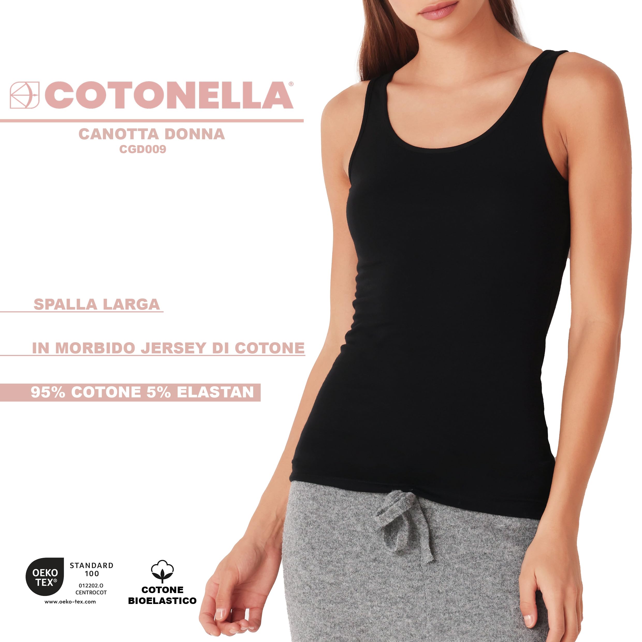 Cotonella,Canotta Spalla Larga Donna - Morbido Jersey di Cotone bielastico - Art. GD009