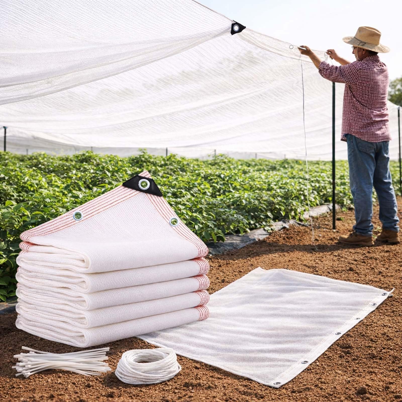 Schattierungsnetz Weiß 50% Schattenrate, UV-Beständiges Schattiernetz mit Ösen, Atmungsaktives Sonnensegel zur Temperaturregelung für Gewächshaus, Pergola, Garten und Hühnerstall(5 * 10m)