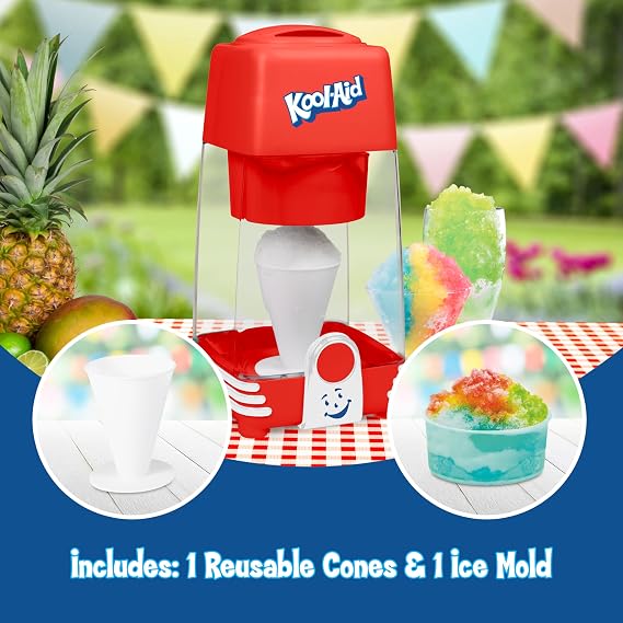 Kool-Aid Retro Snow Cone Maker and Electric Table-Top Ice Shaver, Vintage Shaved Ice Machine Includes 1 Reusable Plastic Cup and Ice Mold, Red