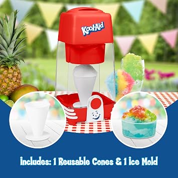 Kool-Aid Retro Snow Cone Maker and Electric Table-Top Ice Shaver, Vintage Shaved Ice Machine Includes 1 Reusable Plastic Cup and Ice Mold, Red
