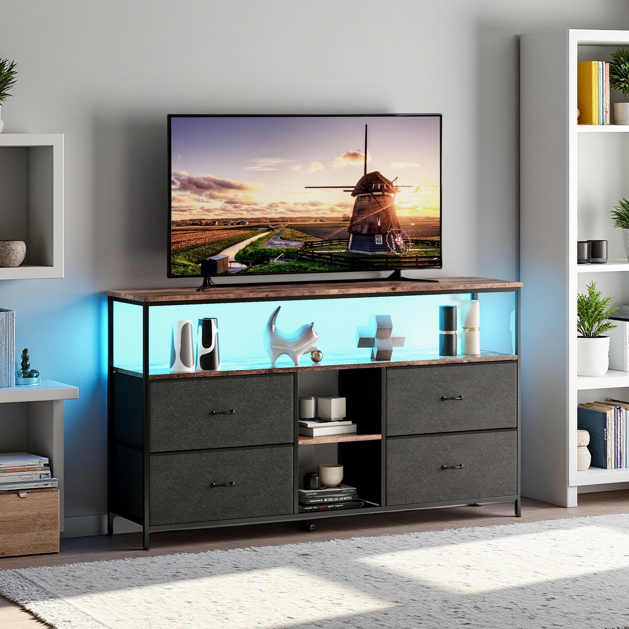 MEXUS Meuble TV, LED Meuble Tele Haut, Meuble TV avec Rangement, Etagères Réglables, 4 tiroirs en Tissu, Intégrez Solutions Rangement Optimisez Visionnage Améliorez L'esthétique (Noir, 137cm)