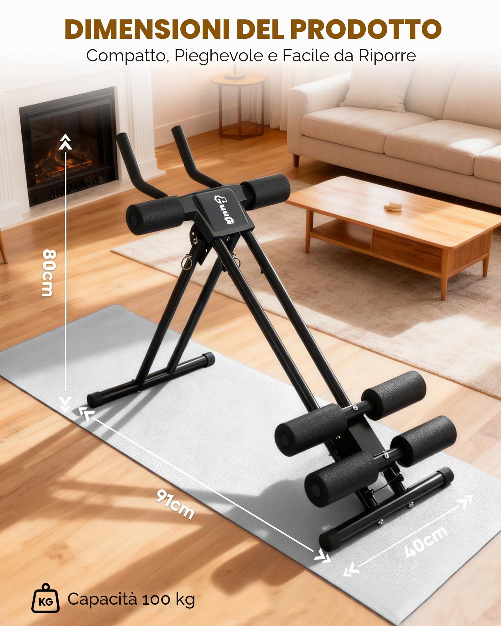 GuuG Macchina Addominali Pieghevole, 5 Livelli, Doppio Binario, per Casa | Telaio triangolare in acciaio, poggiaginocchia imbottiti, maniglie antiscivolo, addome e core, chiuso circa 80 x 40 cm