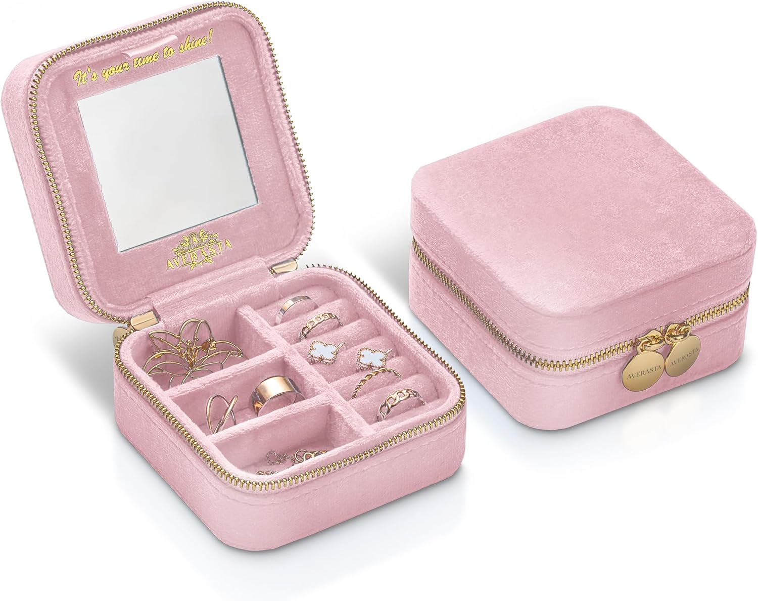 Travel Jewelry Box Organizer with Mirror – Luxury Velvet Jewelry Case – Ring, Earring,Necklace Organizer – Gift For Her – Gift for Woman, Mom, Girlfriend – Blush Rose Pink