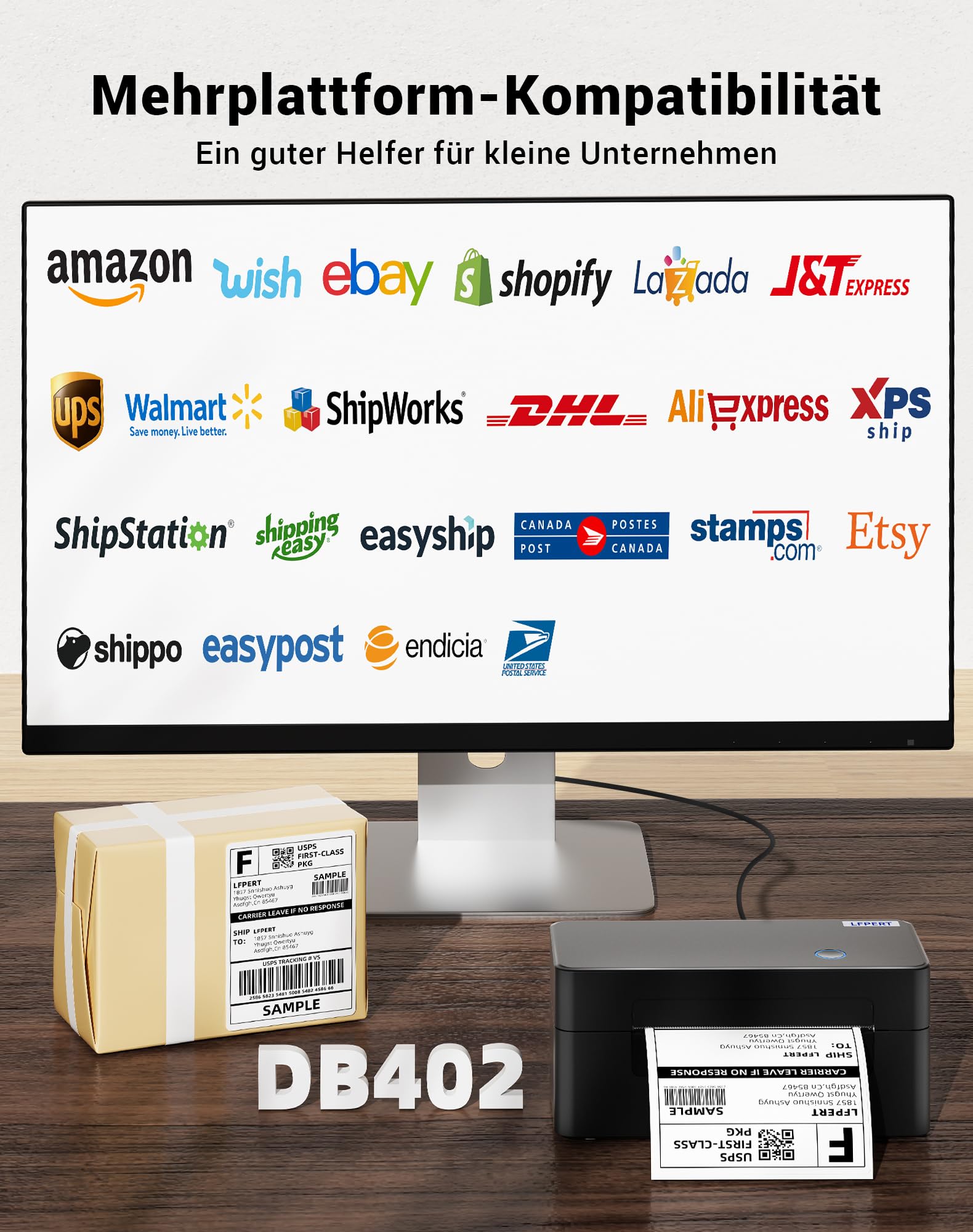 DB402 Etikettendrucker DHL - Thermodrucker USB für Shopify, Etsy, DHL, DPD, GLS, UPS, mit 20 Etiketten - 4x6 Versandetiketten Drucker Kompatibel mit Windows, Mac, Linux, Chromebook,Tiefschwarz