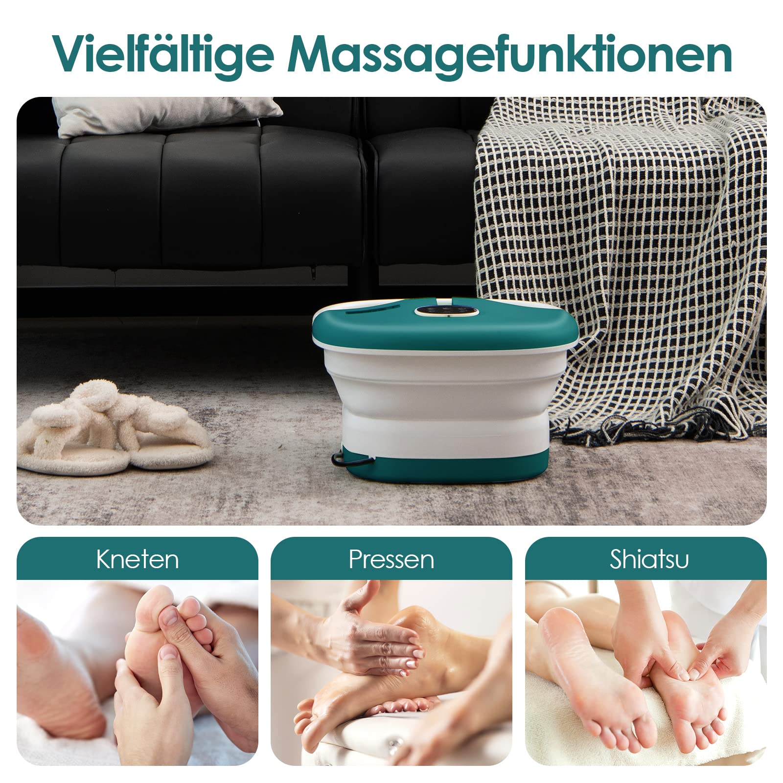 GOPLUS Fußbadwanne klappbar, elektrisches Fußmassagebad mit Massage & Heizung,16 Shiatsu-Massagerollen & Bimsstein, 3 stüfige Temperatur und Timer, Fußbad Massagegerät für Zuhause (Türkis)