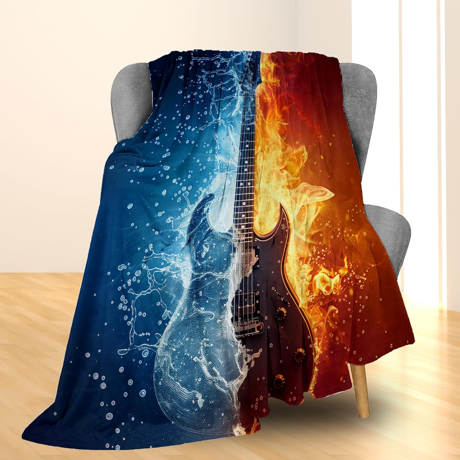Guitar Throw Blanket, Fire & Water Design, Soft Cozy Lightweight Flannel Blankets Ideal for Couch, Bed, Travel, Outdoor & Home Decor, Warm Fluffy Fuzzy Blanket for Adults Kids 60×50 in