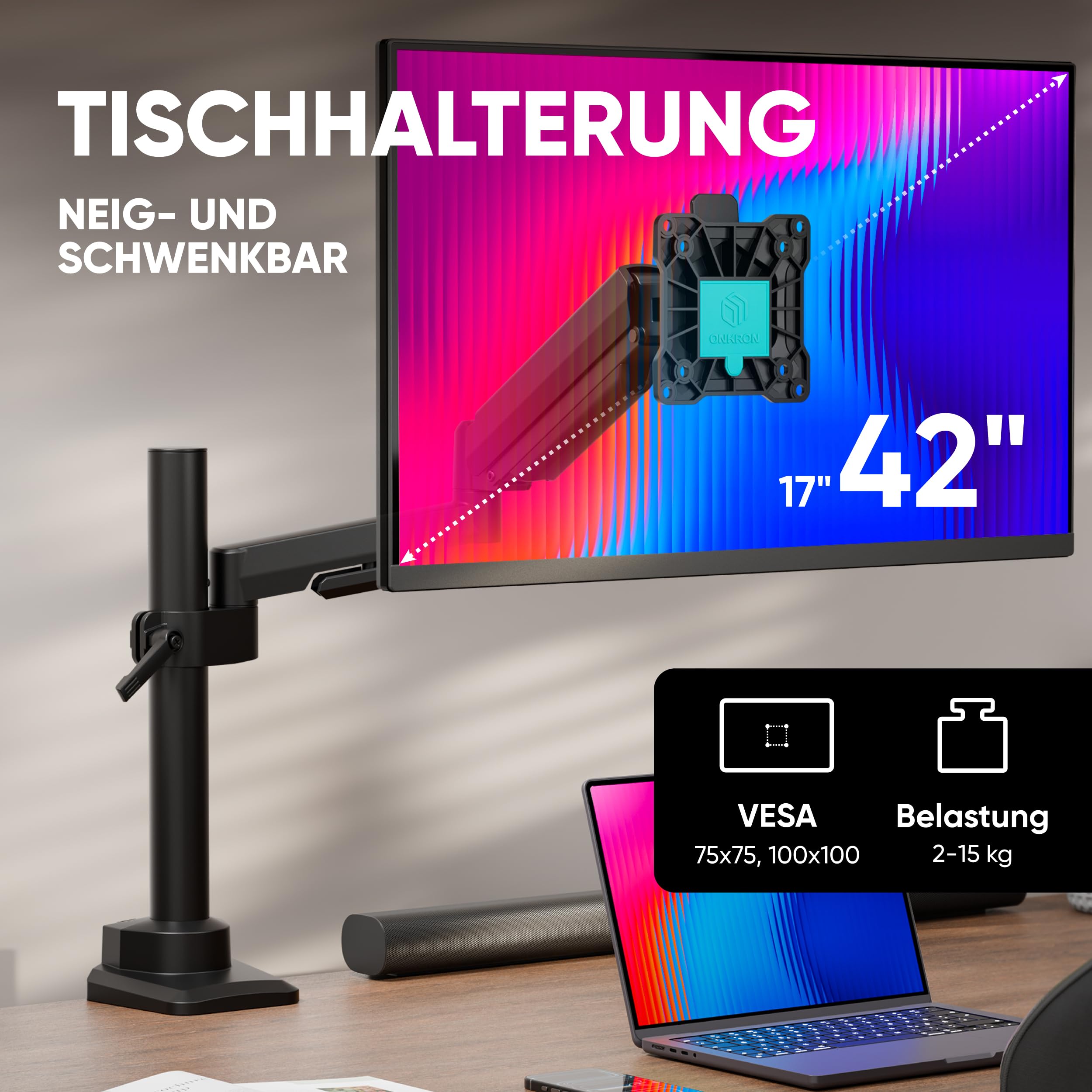 ONKRON Monitor Halterung 17-42 Zoll, bis 15 kg, max VESA 100x100, G70-B