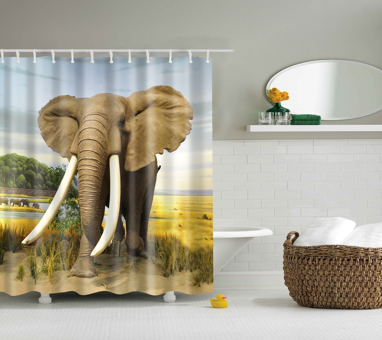 StoneMaxi 180x180cm Bathroom Shower Curtain, 100% Polyester Fabric Waterproof Anti-Mould Proof Mildew Resistant, Washable, Quick-Drying, with 12 Pcs Hooks (72 x 72 Inch) (Elephant-3)