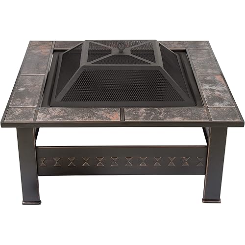 Pure Garden 50-155 Wood Burning Fire Pit Set Includes Screen, Cover and Log Poker-for Outdoor and Patio, 32-inch Marble Tile Square Firepit, Bronze