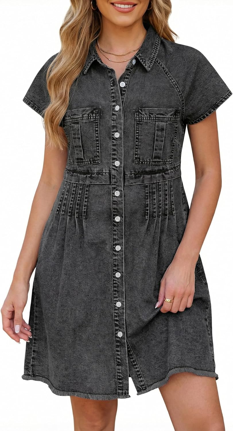 GRAPENT Denim Dresses for Women Short Sleeve Babydoll Pleated Raw Hem Distressed Casual Western Jean Dress with Pockets