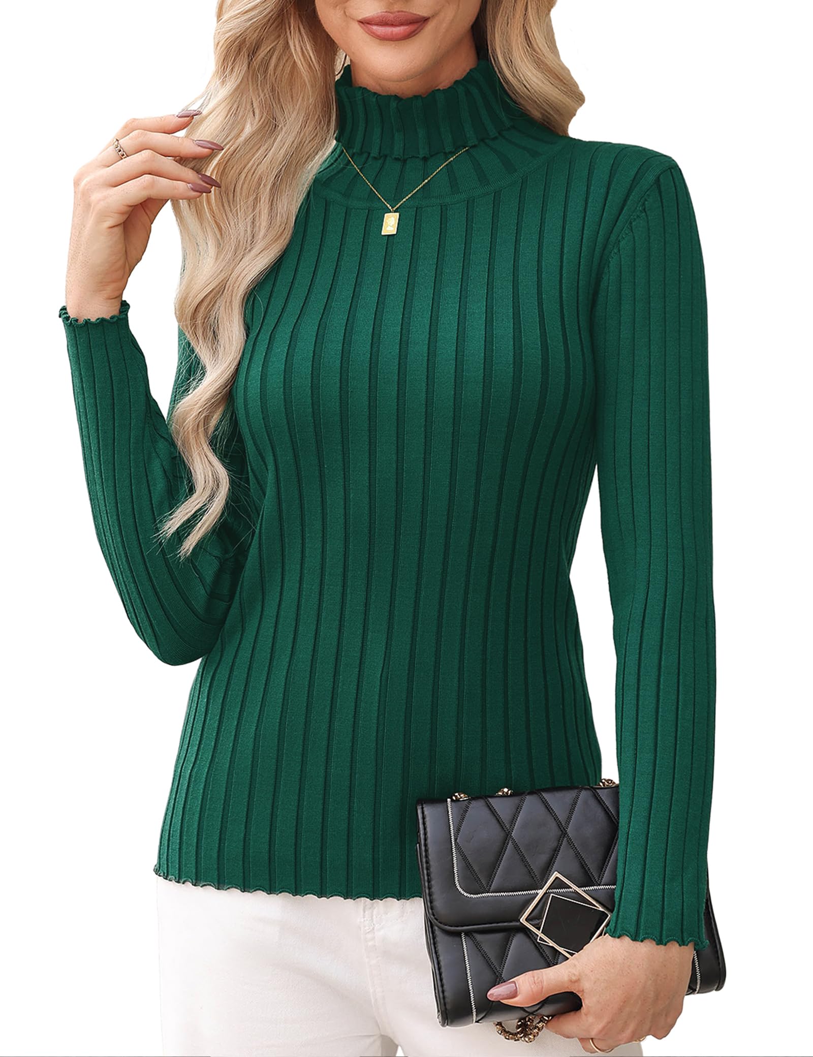 Aottori Polo Neck Jumpers for Women UK Turtle Neck Jumper Tops Ladies Knitted Sweater Lightweight Solid Winter Warm Pullover Tunic Green L