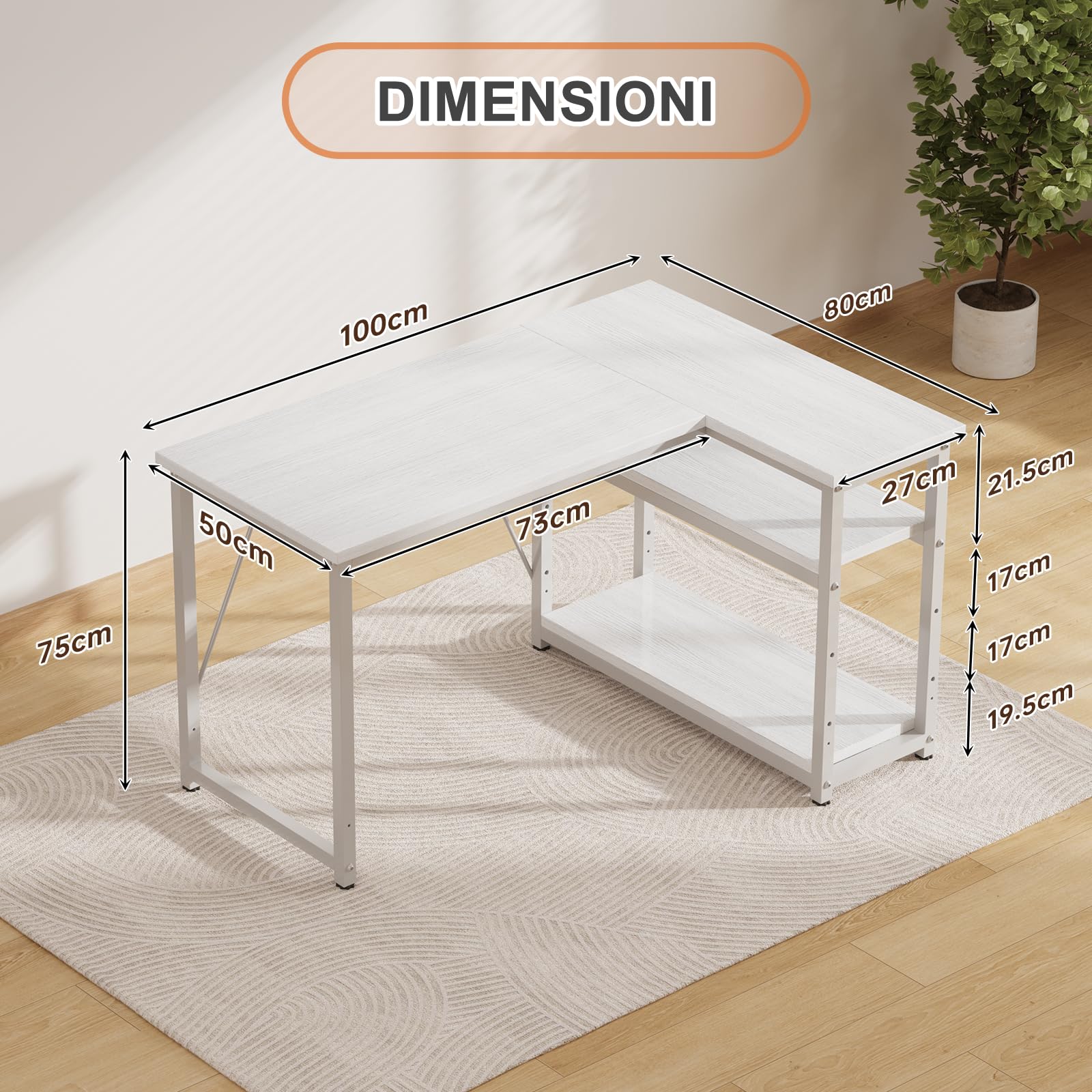 JUMMICO Scrivania Angolare a L 100x80 cm per Computer con Ripiani e Divisori - Compatta per Studio, Lavoro e Gaming, Ideale per Camera da Letto e Ufficio - Design Moderno e Salvaspazio
