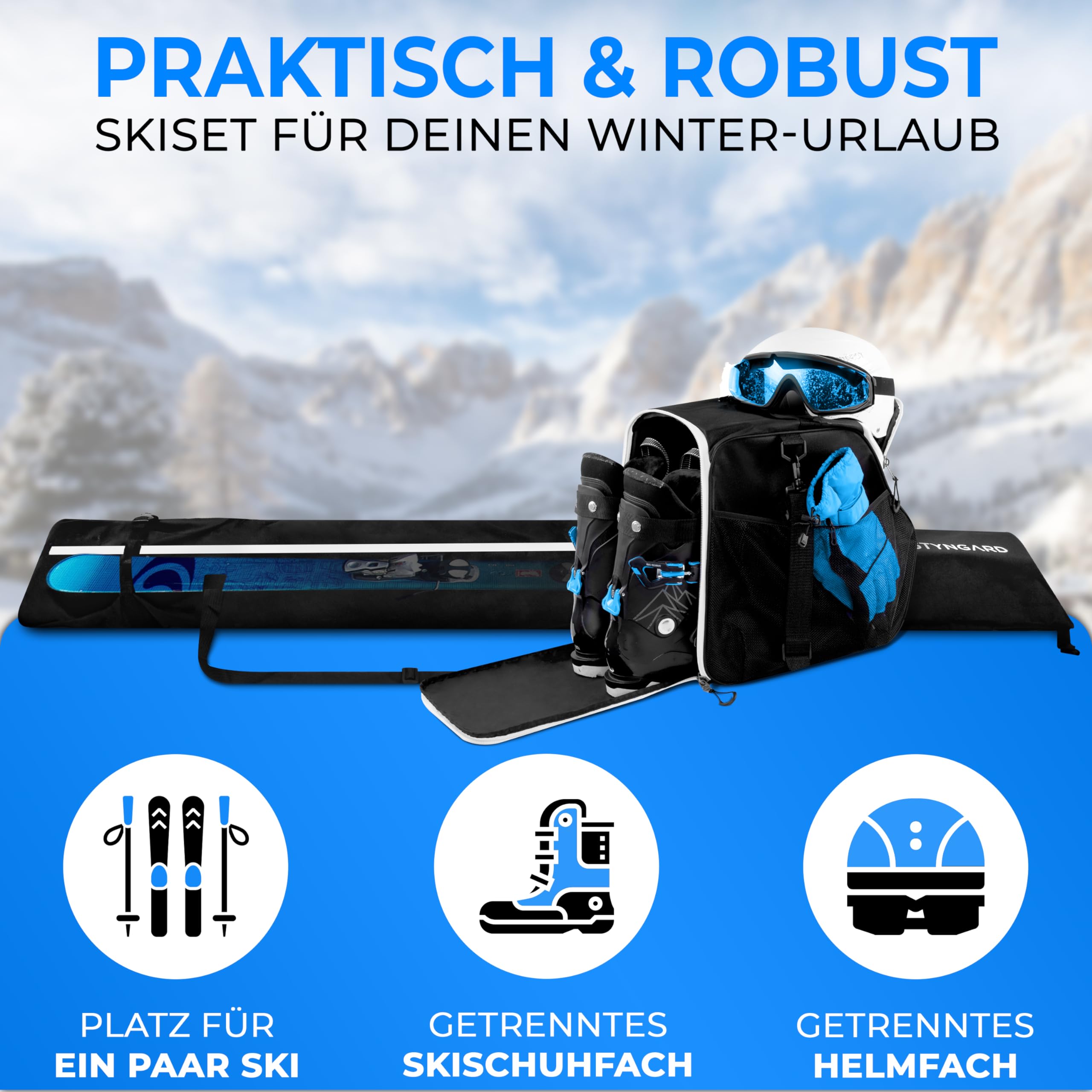 STYNGARD Skitasche Set Skisack [140 cm bis 200 cm] und Skischuhtasche mit Helmfach [40 L] - Skitasche und Stiefeltasche mit Lüftungsgitter Modell Vancouver