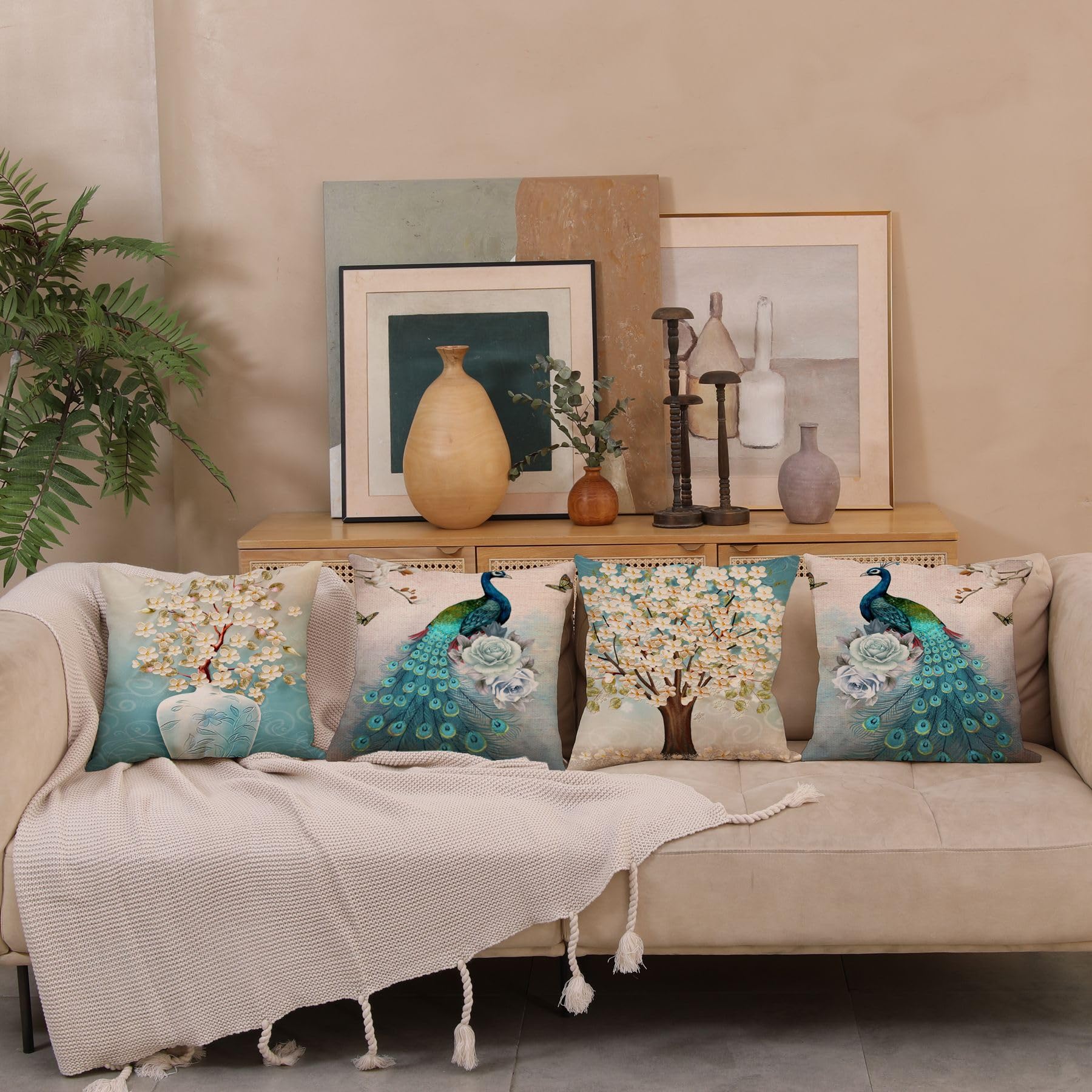 Wilproo 4-Pack 16x16 Inch Peacock Print Velvet Throw Pillow Covers - Blue Decorative Couch Bedroom Pillowcases - View #11
