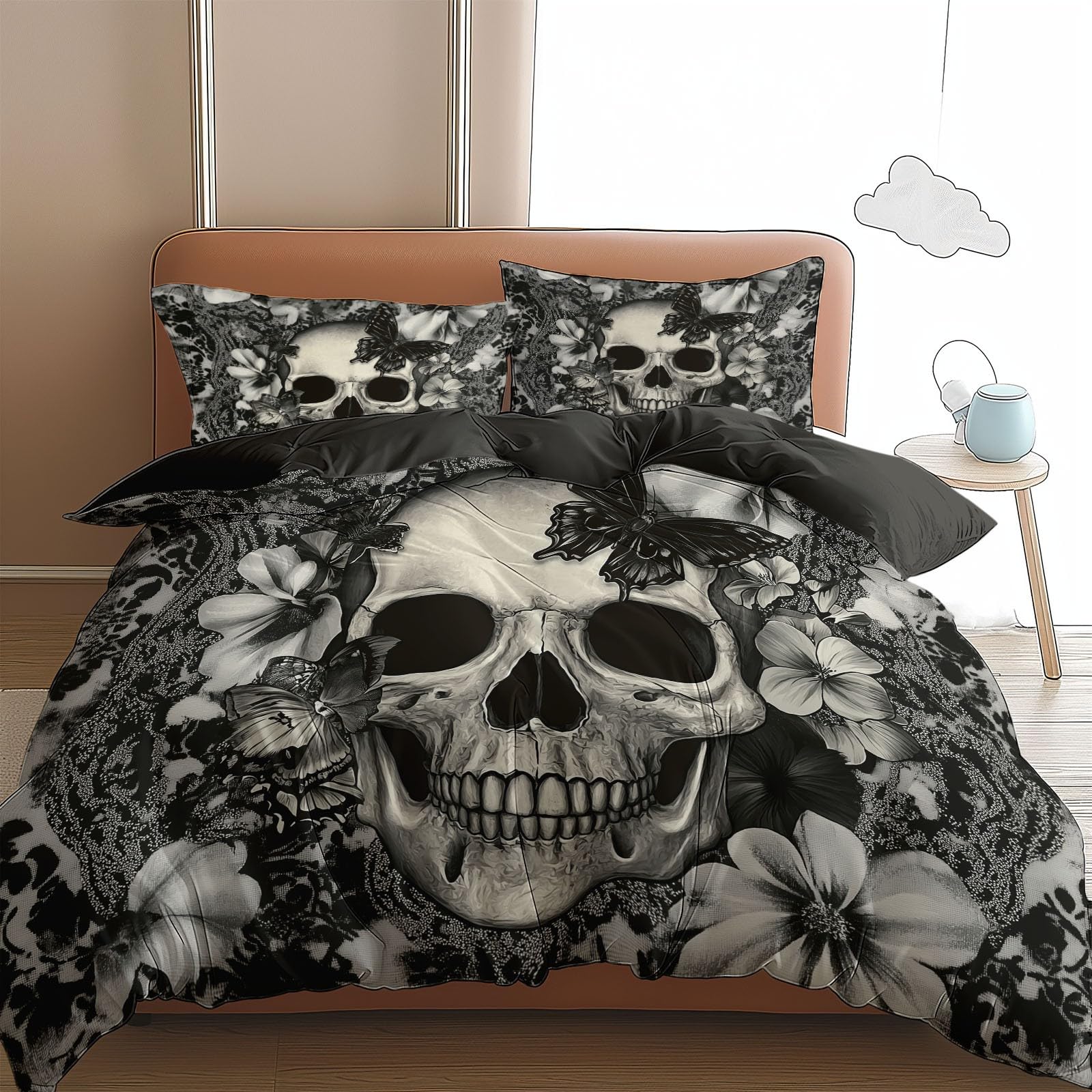 Negro Funda Nordica Cama 105 Calavera Mariposa Flores Juego de Ropa de Cama de 3 Piezas Microfibra Suave Moderno 200x200 cm Juego de Fundas Edredón con 2 Funda de Almohada