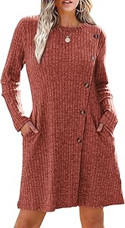 EIRUKON Knitted Dress Women's Long Sleeve Pullover Dress Autumn Round Neck Knitted Dresses Winter Dress with Pockets and Buttons Tunic Dress Elegant S-XL