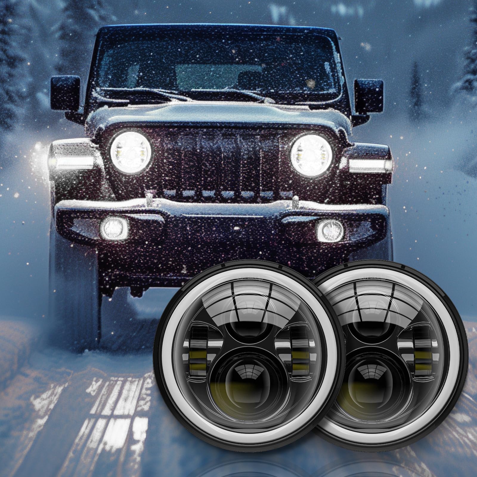 DREAMIZER Faro LED per Moto da 7 pollici con DRL Bianco Angel Eye Indicatore Ambra Compatibile con Harley Electra Glide, Softail 1984-2018, Street Glide 2006-2014, Wrangler JK TJ.