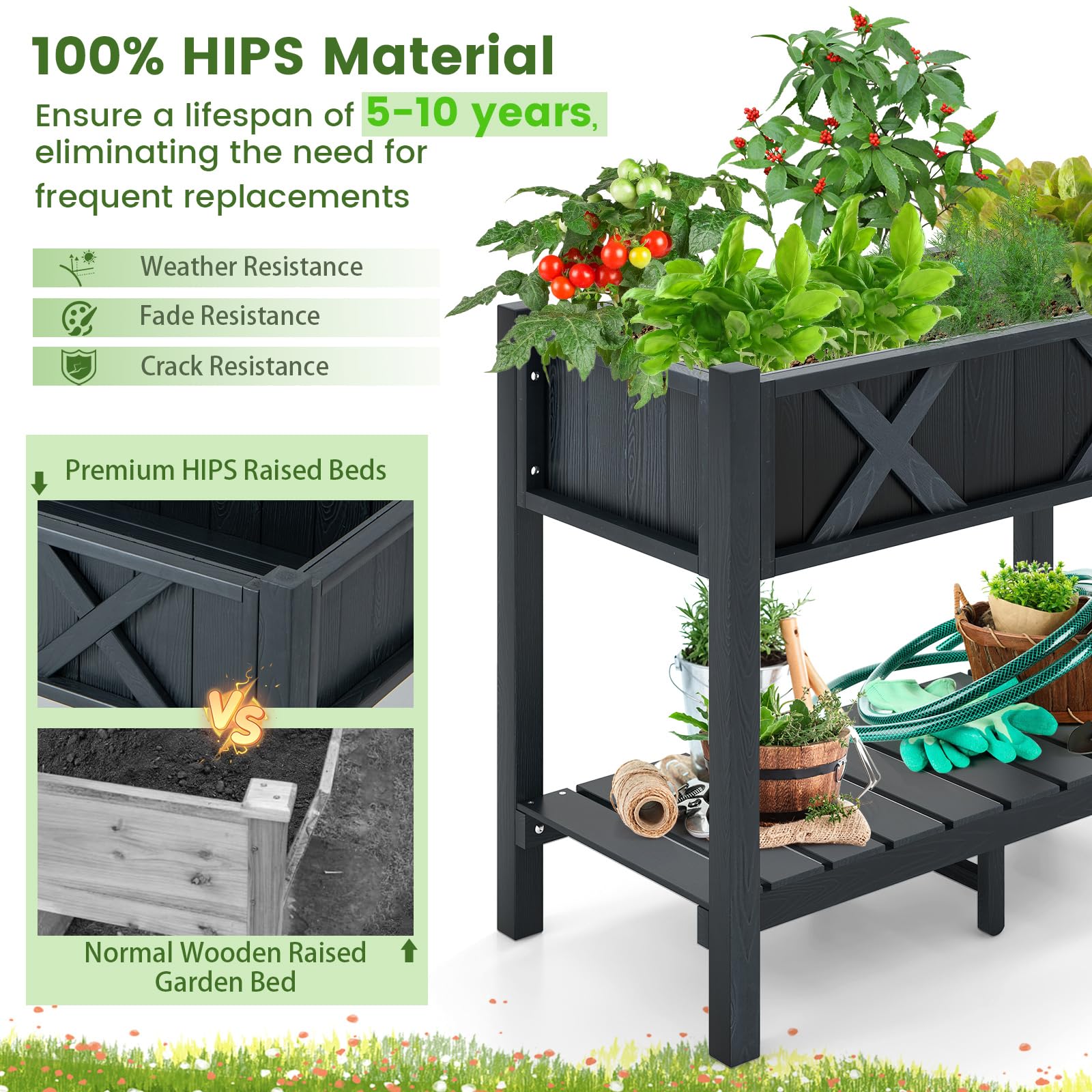 RELAX4LIFE Jardinera elevada con bandeja de almacenamiento y 12 agujeros de drenaje, jardinera con patas, jardinera para jardín, balcón, terraza, 86 x 45 x 73 cm, color negro, KX8556LWDE