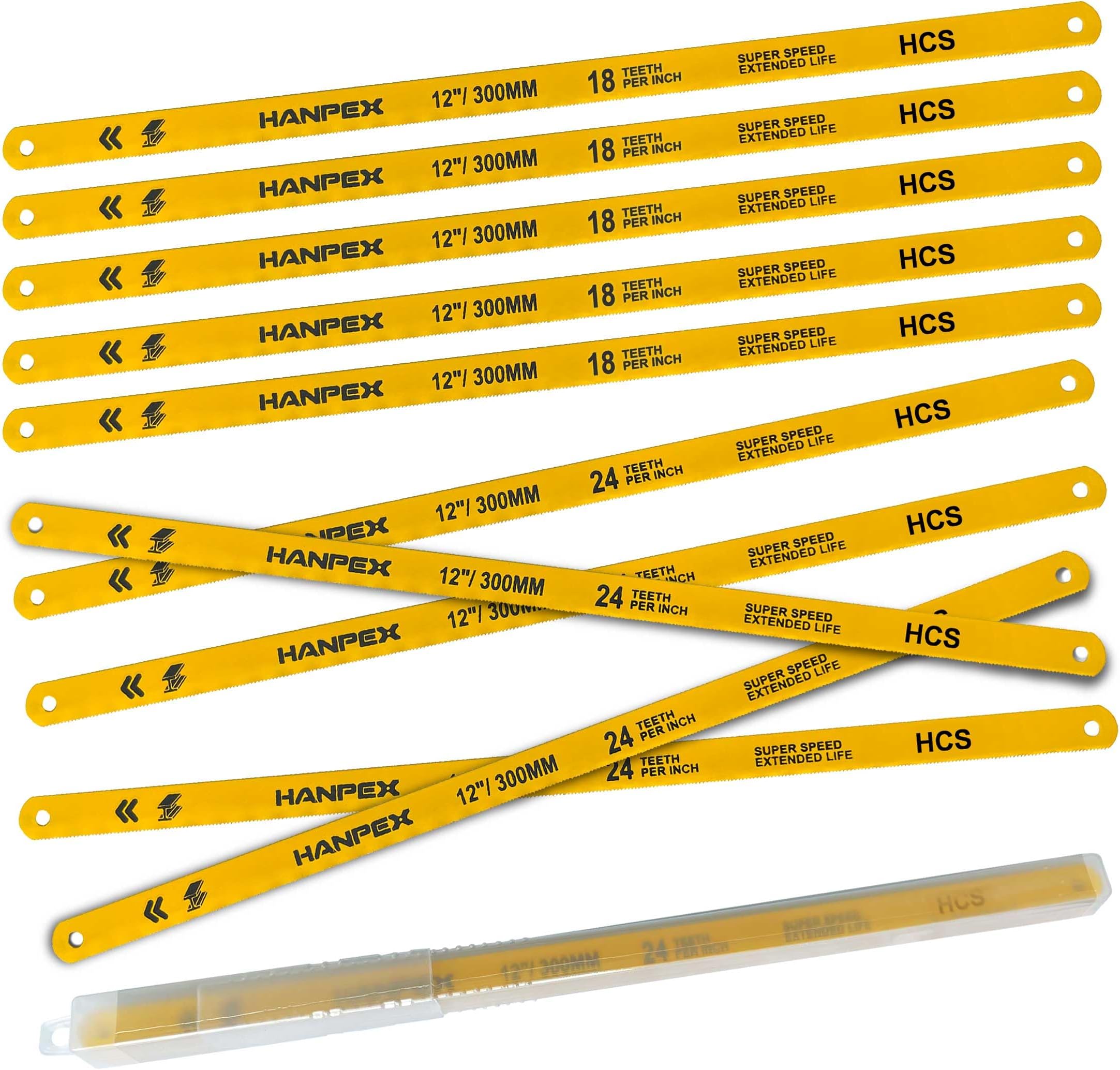 Hanpex Hacksaw Replacement Blades Set (10 Pack) High Speed 12" Length Hack Saw Blade - High Carbon Steel (HCS) Cutting Blades