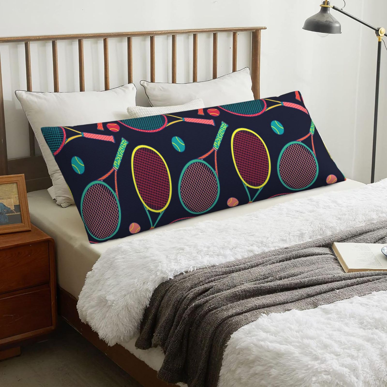 Colorful Racket And Tennis Ball, Body Pillow Cover with Zipper,Long Body Pillowcase 20 x 60 in