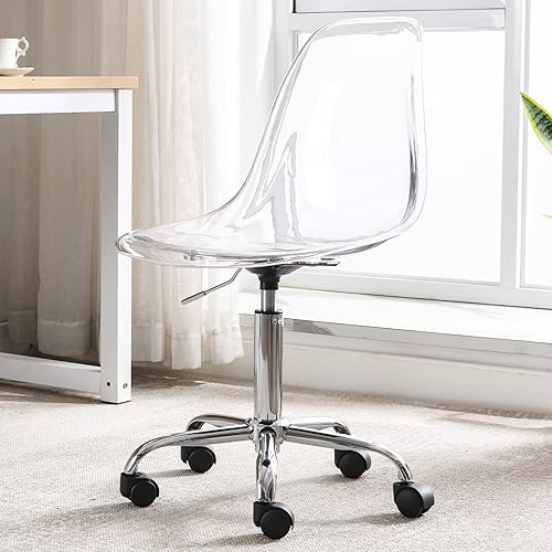 Miniatura 14 de Silla de escritorio de acrílico transparente, moderna, pequeña, con ruedas, linda silla de plástico sin brazos, silla de plástico Lucite para el