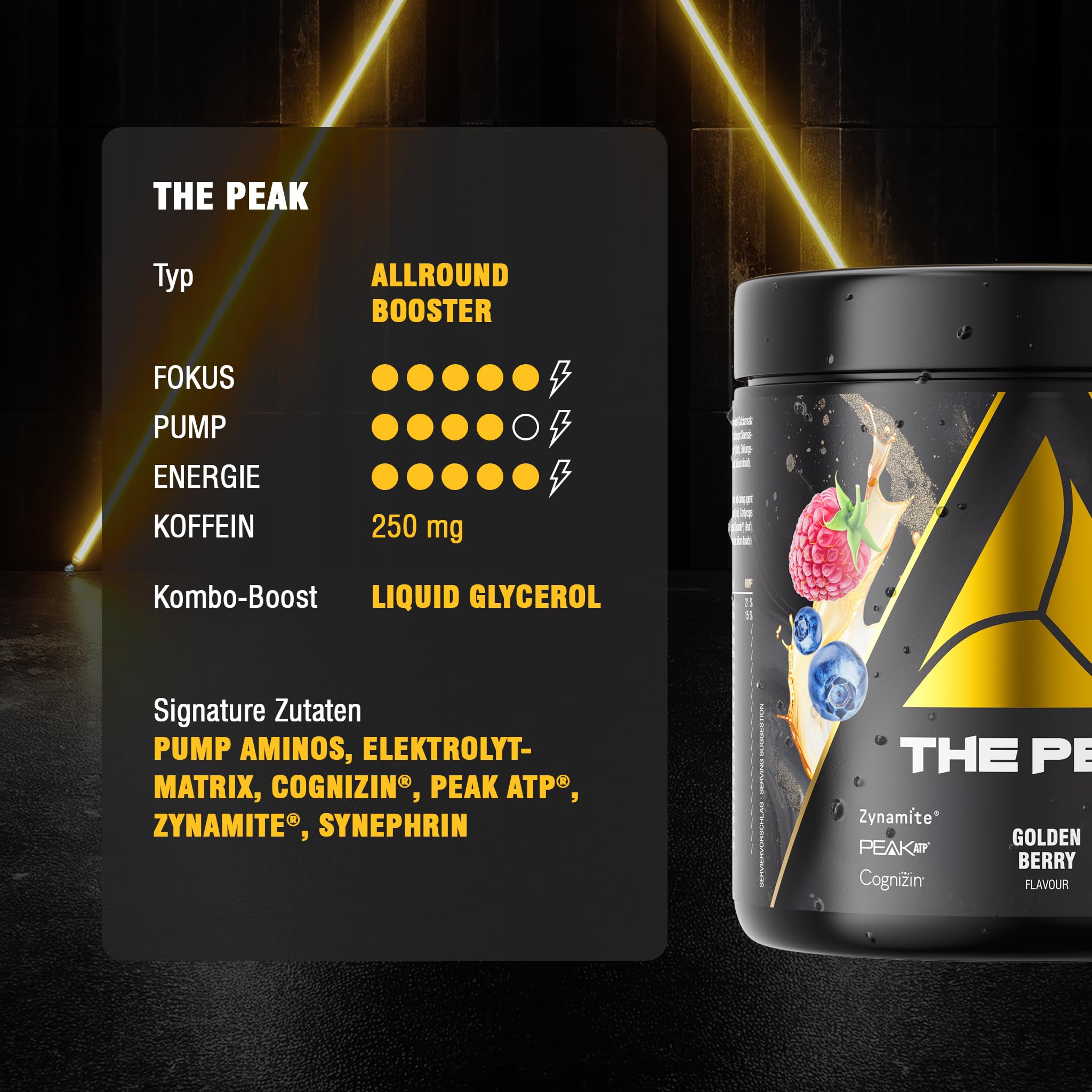 THE PEAK - 375g Geschmack Golden Berry I 15 Portionen I Hardcore Pre-Workout Booster für Energie, Fokus & Pump mit L-Citrullin, L-Arginin, Koffein, Bitter Orange Extrakt, Lions Mane, ATP, u.v.m.